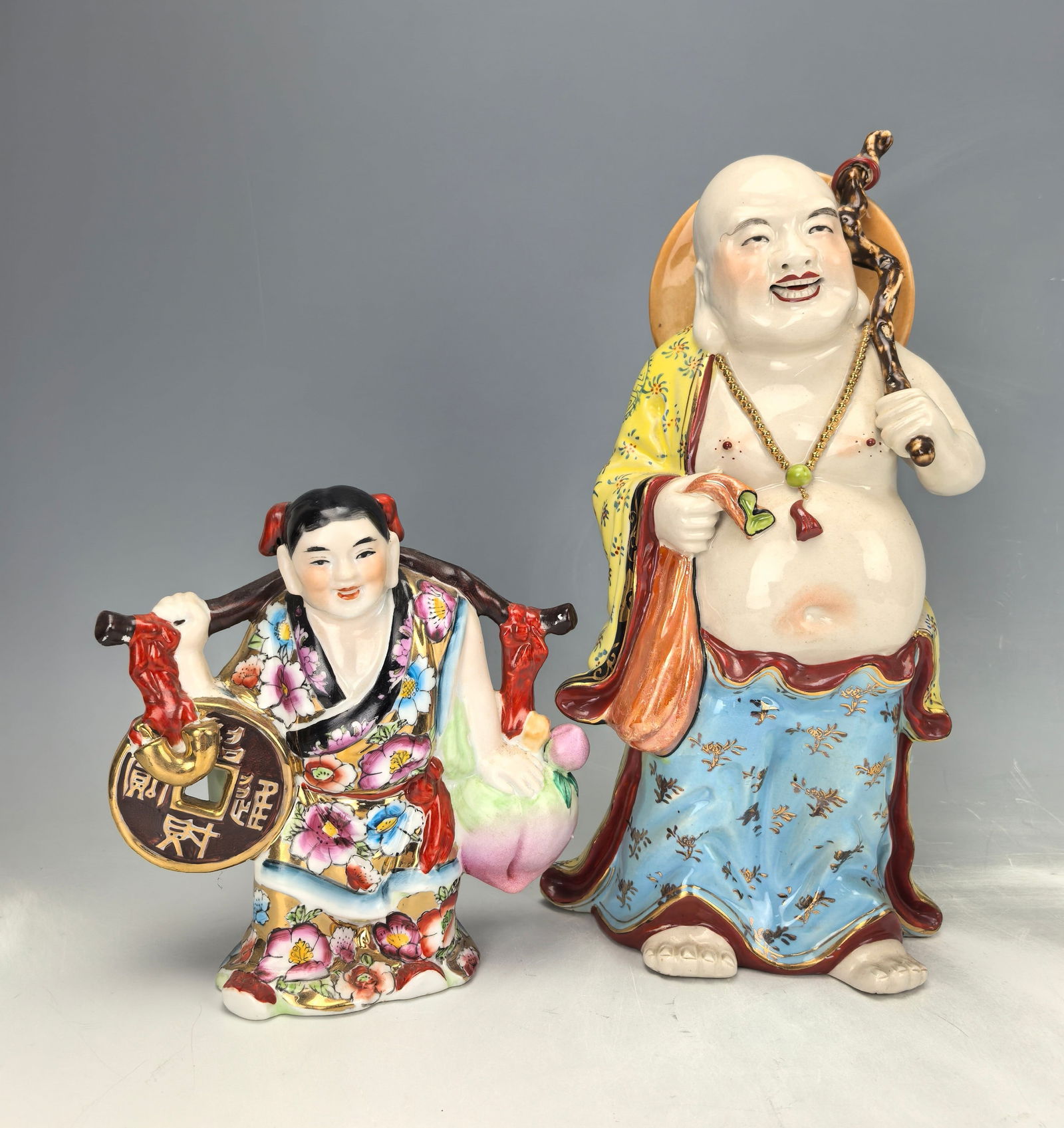 Two Famille Rose Porcelain  Figurine Happy Buddha and Fortune  Boy (1 of 9)