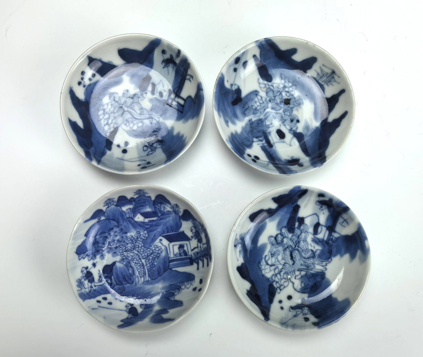 Group of 4 Qing Dynasty Blue and White Porcelain Saucers Kangxi Mark: Group of 4 Qing Dynasty Blue and White Porcelain Saucers Kangxi Mark,D 8 cm(3.2 in.).Preview from Aug. 25th to 29th from 1:00 PM TO 5:00 PM Eastern Time, Location: 15229 Display Court, Rockville MD 20
