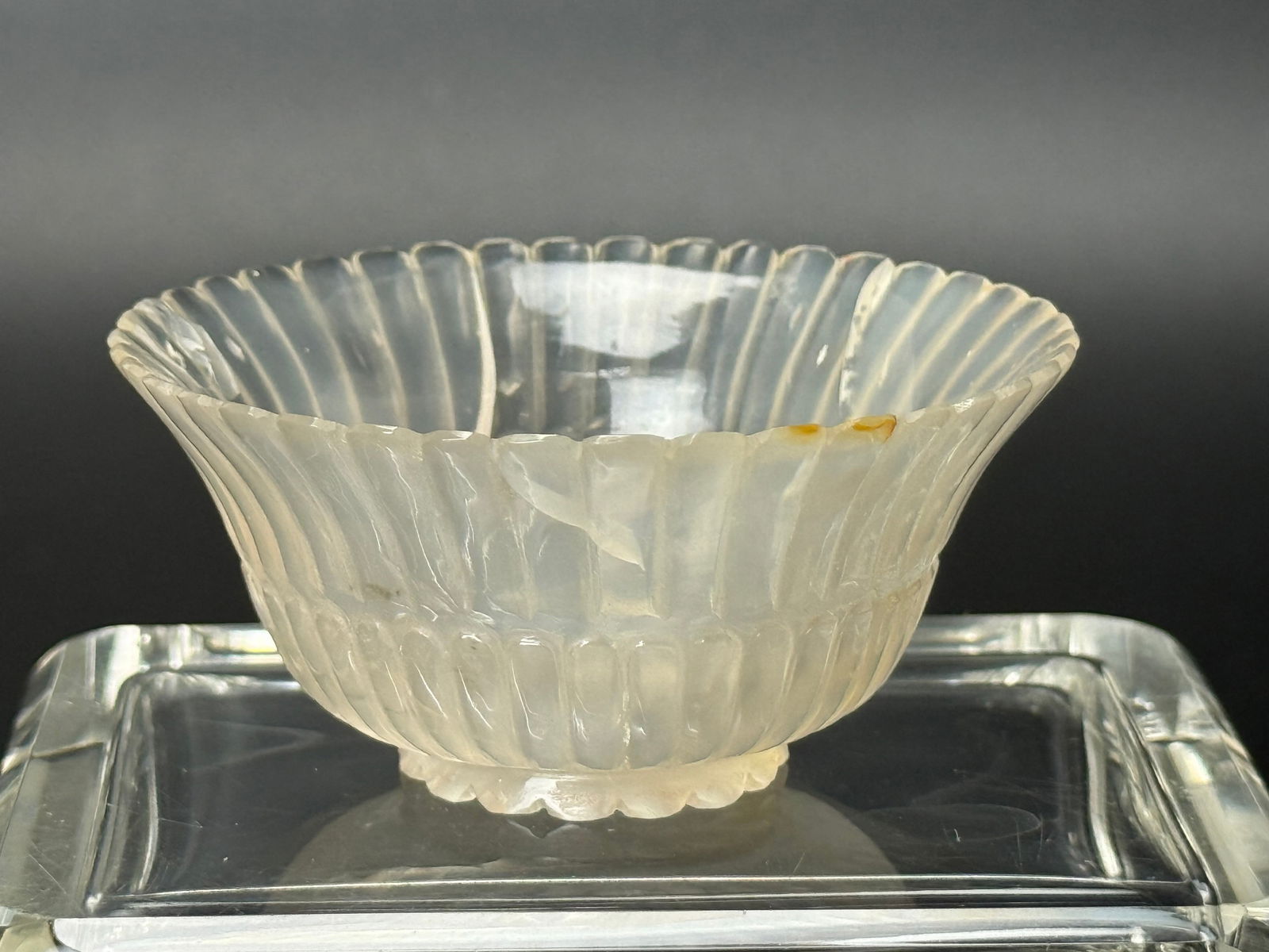 Chinese Carved Agate Wine Cup Chrysanthemum Shape: A Chinese Agate Carved Wine Cup in the Shape of a Chrysanthemum,size6.5 x 4 cm,Preview from Aug. 25th to 29th from 1:00 PM TO 5:00 PM Eastern Time, Location: 15229 Display Court, Rockville MD 20850.