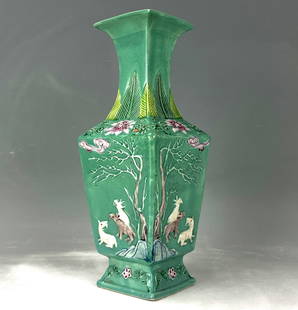 Chinese Famille Verte Porcelain Vase Decorated with Goats and Flowers: Chinese Famille Verte Porcelain Vase Decorated with Goats and Flowers,size H 27 cm(10.5 in.). Preview from Aug. 25th to 29th from 1:00 PM TO 5:00 PM Eastern Time, Location: 15229 Display Court, Rockvi