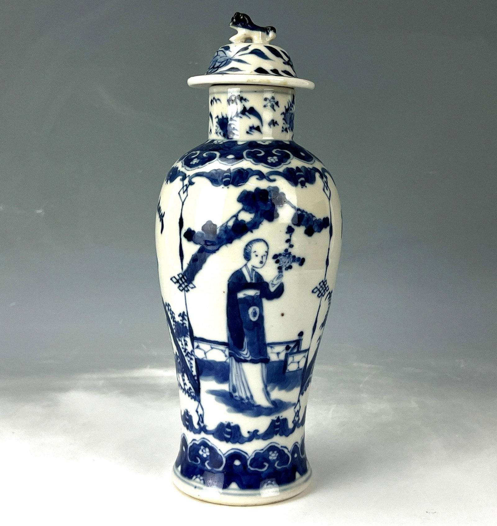Chinese Blue and White Porcelain Vase Lidded and Marked: Chinese Blue and White Porcelain Vase Lidded,with Kangxi Mark,H 28 cm(11 in.).Preview from Aug. 25th to 29th from 1:00 PM TO 5:00 PM Eastern Time, Location: 15229 Display Court, Rockville MD 20850.
