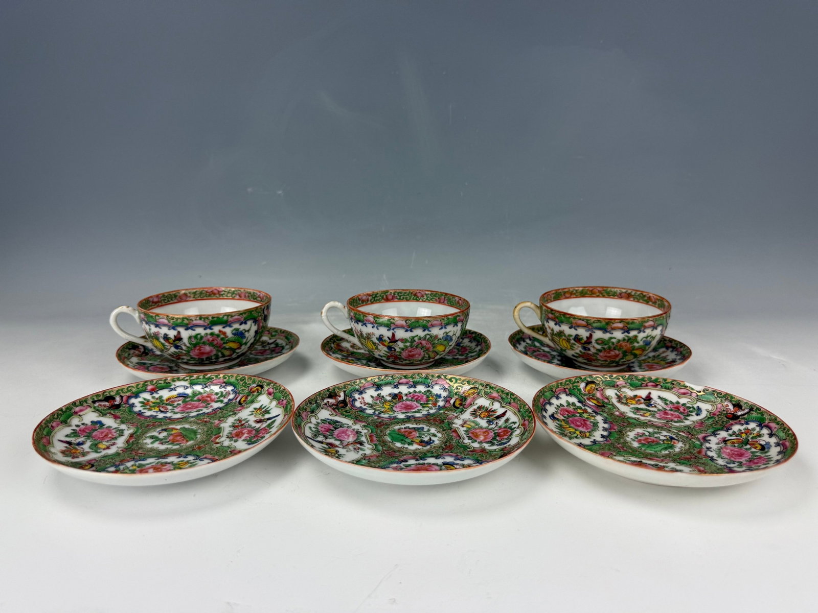 Set of 9 Chinese Famille Rose Medallion Cup and Saucer: Antique 19th Century Chinese Famille Rose Medallion, 3 Cups and 6 Saucers,Sold as is. Cup D 10 cm(4 in.)x H 5 cm(2.5 in.), Saucer D 13.8 cm(5.4 in.). Preview from Aug. 25th to 29th from 1:00 PM TO 5:0
