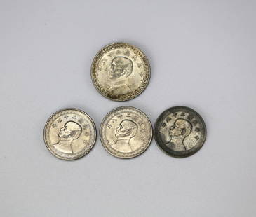 Group of 4 Republic of China Silver and Nickel Coins: 1,1949 Year 38 China 50 Cents Silver Coin;2,1938 Republic of China 10 Cents;3,1939 Republic of China 10 Cents;4, 1940 Republic of China 10 Cents.Preview from Aug. 25th to 29th from 1:00 PM TO 5:00 PM