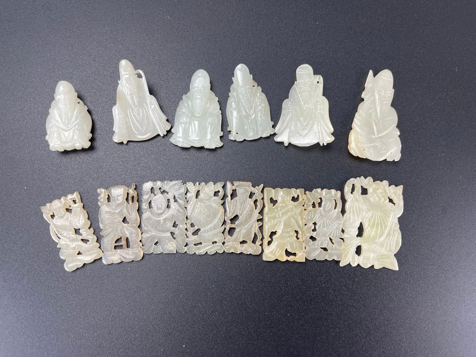 Group of 14 Chinese Jade Figure Ornaments: Group of 14 Chinese Jade Figure Ornaments.size 4 x2.3 cm.Preview from Aug. 25th to 29th from 1:00 PM TO 5:00 PM Eastern Time, Location: 15229 Display Court, Rockville MD 20850.