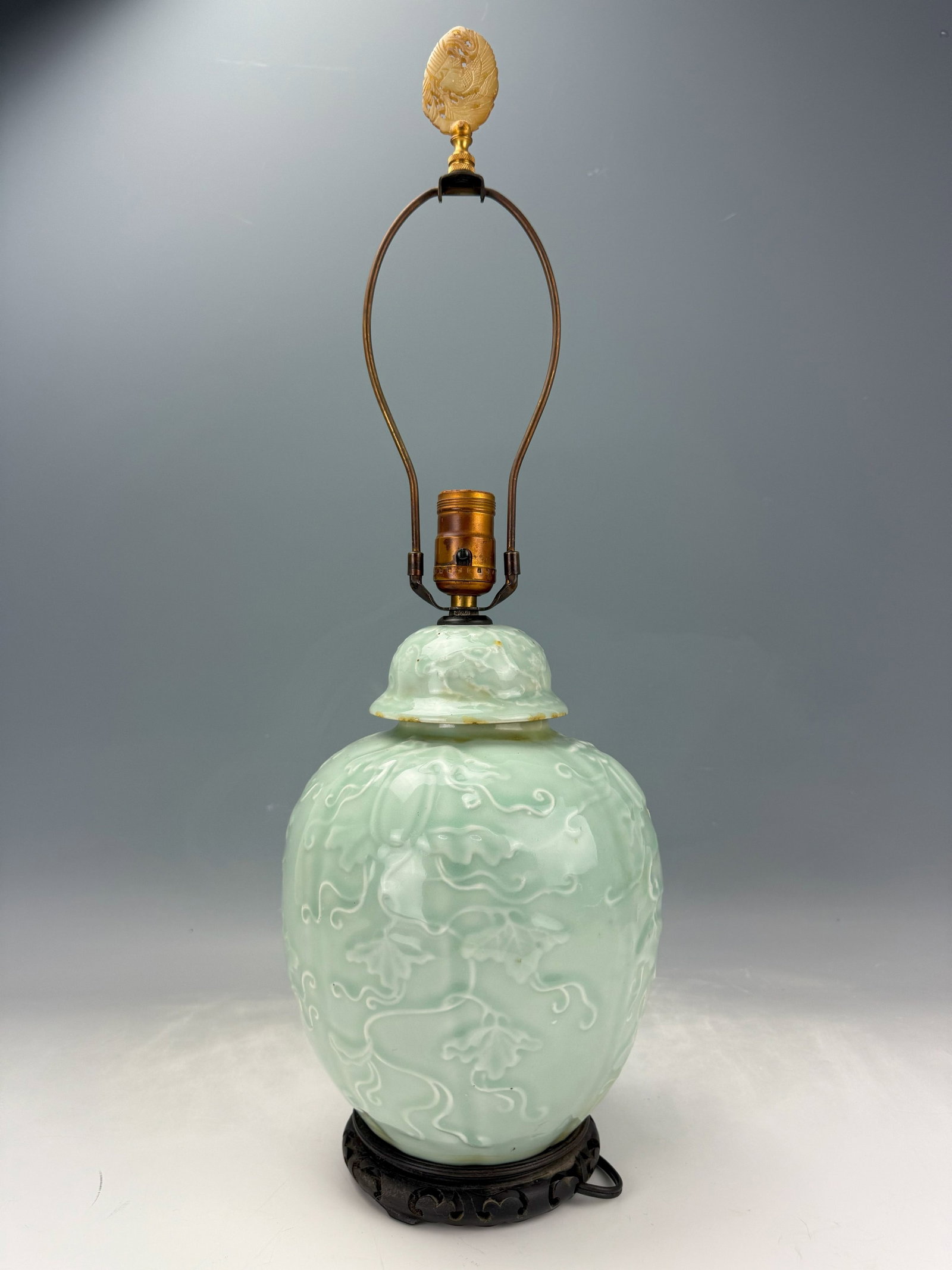 Chinese Celadon Porcelain Jar Mounted as Lamp: Chinese Celadon Porcelain Jar Mounted as Lamp, vase H 25 cm(10 in.),Lamp H 60 cm(24 in.),Preview from Aug. 25th to 29th from 1:00 PM TO 5:00 PM Eastern Time, Location: 15229 Display Court, Rockville M