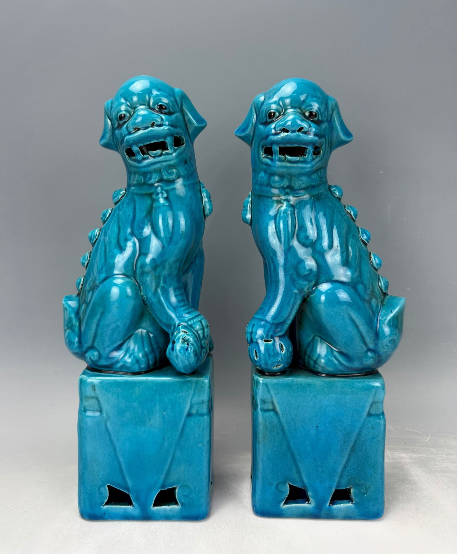 Pair of Vintage Chinese Blue Glazed Foo Dog Porcelain Statues (1 of 5)