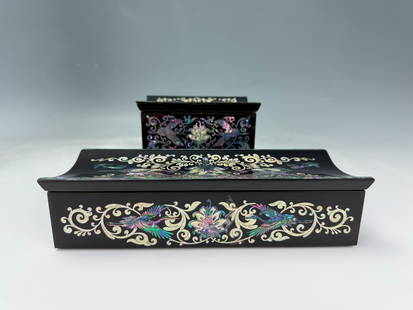 Two Korean Mother of Pearl Inlay Floral and Cranes Lacquer Boxes: Two Korean Traditional Mother of Pearl Inlay Floral and Cranes Lacquer Jewelry Boxes, size 22x 7.8 x 5.2 cm and 12.5 x 7.8 x 5.2 cm, Presented by General Jun Seung Jo,37th Chairman of the Joint Chieft
