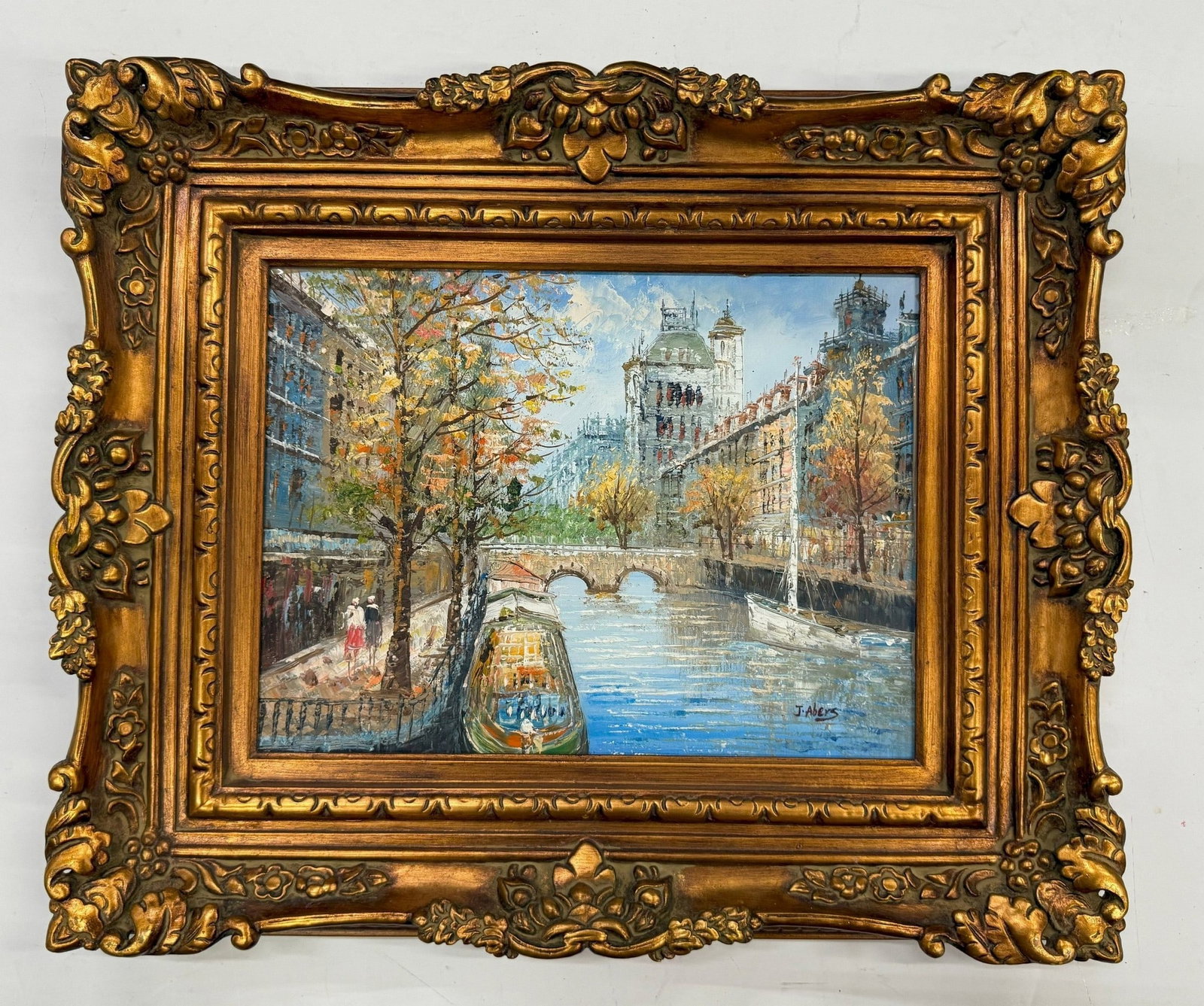 Framed Oil Painting on Canvas Signed: Nice frame,Oil on Canvas Painting Parisian Scene of the River Seine, frame size W 60 cm (24in.)x H 51 cm (20in.).Preview from Aug. 25th to 29th from 1:00 PM TO 5:00 PM Eastern Time, Location: 15229 Di