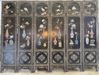 Vintage Chinese 6 Panel Room Divider Laquer Coromandel Screen: Vintage Chinese 6 Panel Room Divider Laquer Coromandel Finish Semiprecious Hand Carved Stone Designs of Traditional Vases,Landscapes,Birds.H 183 cm (72 in.)x W 40 cm (16in.) x 6,Preview from Aug. 25th
