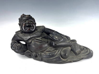 A Chinese Carved Wood Figure of LIUHAI: A Chinese Carved Wood Figure of LIUHAI , W 35 cm(14 in.) x H16 cm(6.5 in.) x D 14 cm(5.5 in.).Preview from Aug. 25th to 29th from 1:00 PM TO 5:00 PM Eastern Time, Location: 15229 Display Court, Rockvi