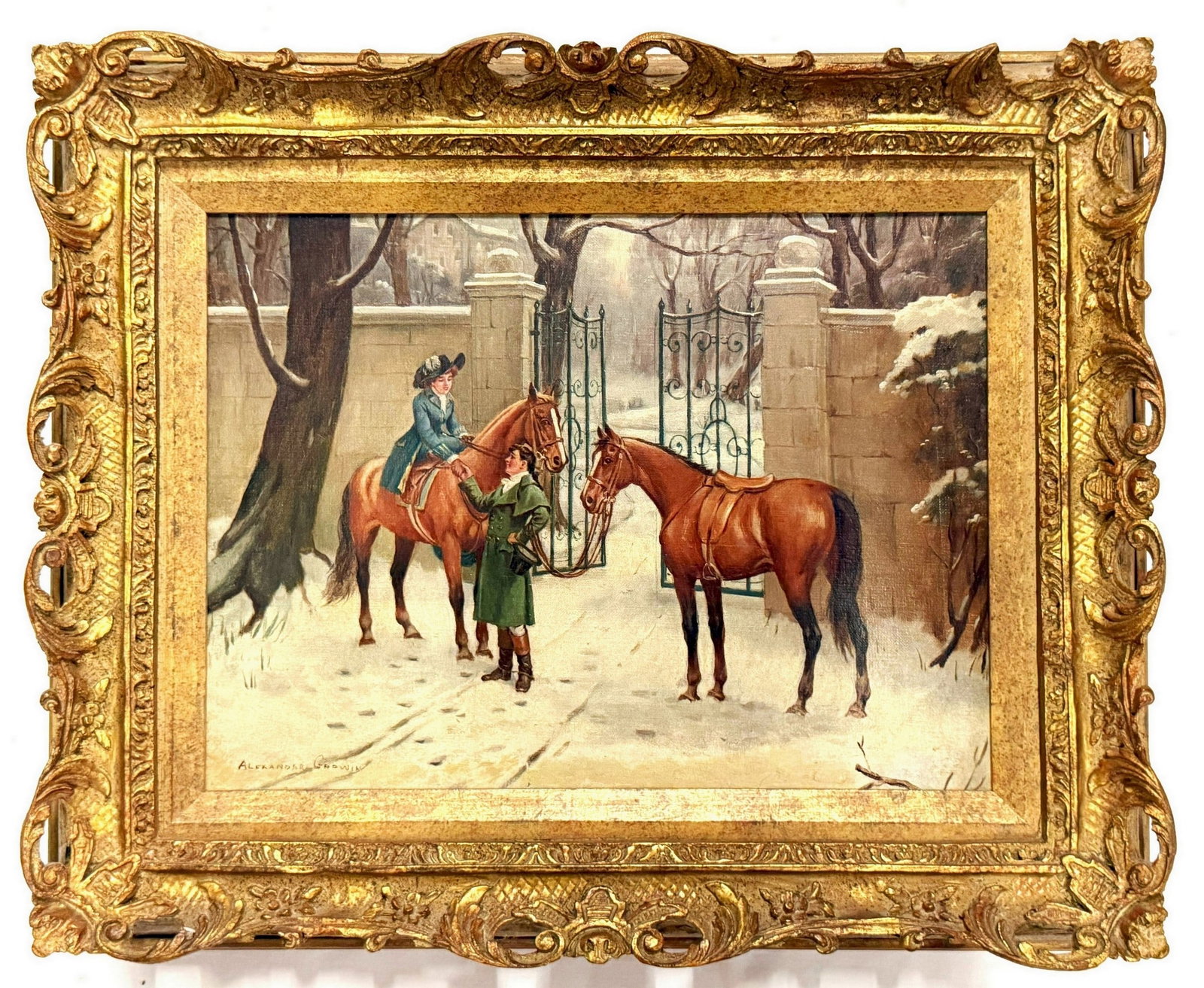 Signed Oil painting on Canvas of a Couple with Horses: Signed Oil painting on Canvas of a Couple with Horses, W 55 cm(21.5 in.)x H 45 cm(17.5 in.).Preview from Aug. 25th to 29th from 1:00 PM TO 5:00 PM Eastern Time, Location: 15229 Display Court, Rockvill
