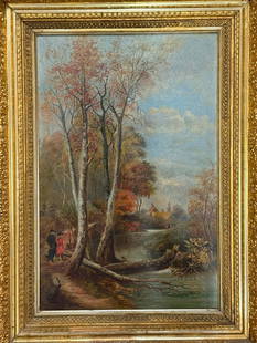 Antique Signed Oil On Canvas Landscape Painting: Antique Signed Oil On Canvas Landscape Painting, H 61 cm(24in.) x W 41 cm(18in.). Preview from Aug. 25th to 29th from 1:00 PM TO 5:00 PM Eastern Time, Location: 15229 Display Court, Rockville MD 20850