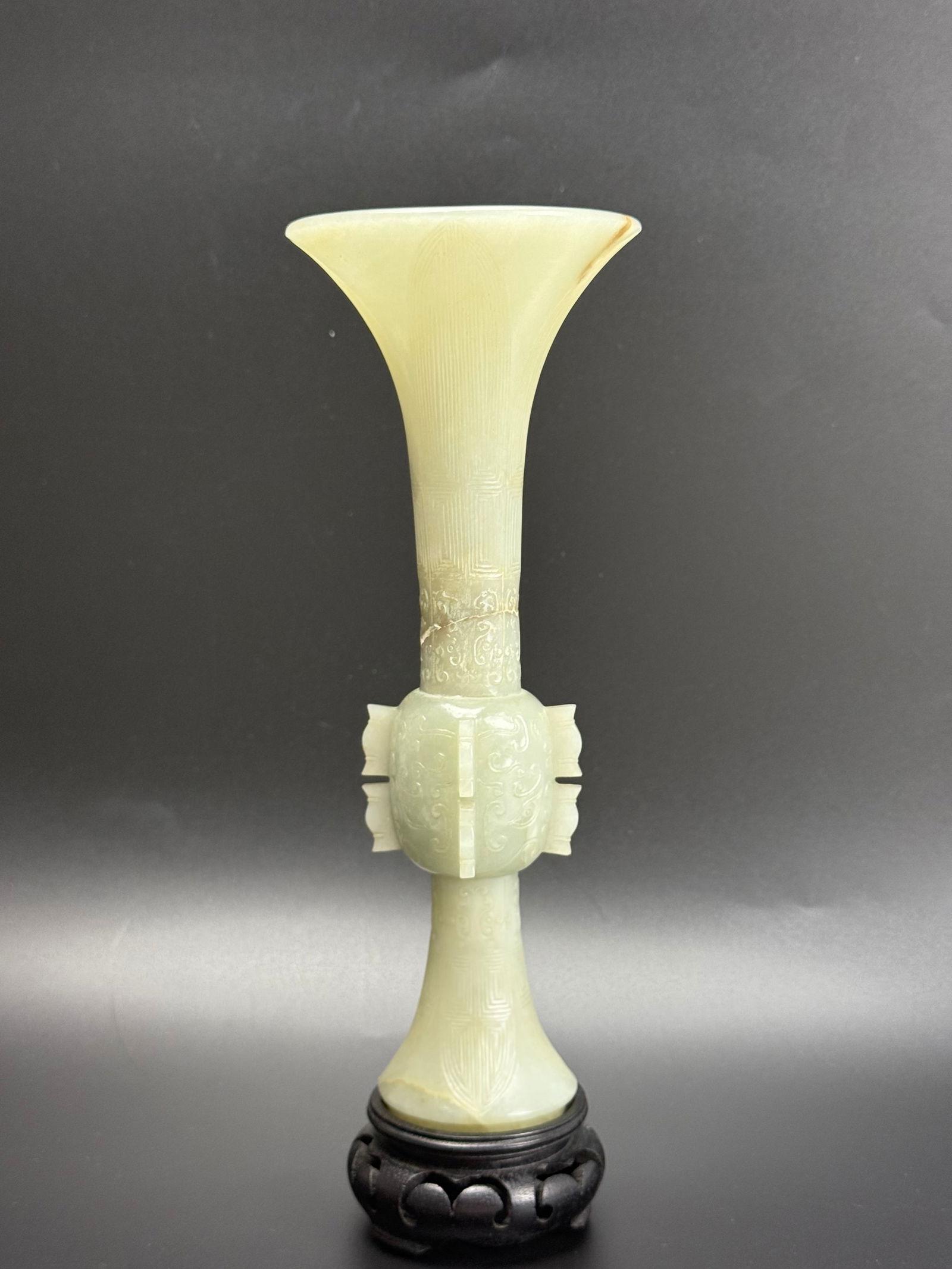 Chinese Detail Carving Jade Gu Vase with Wood Base (1 of 10)