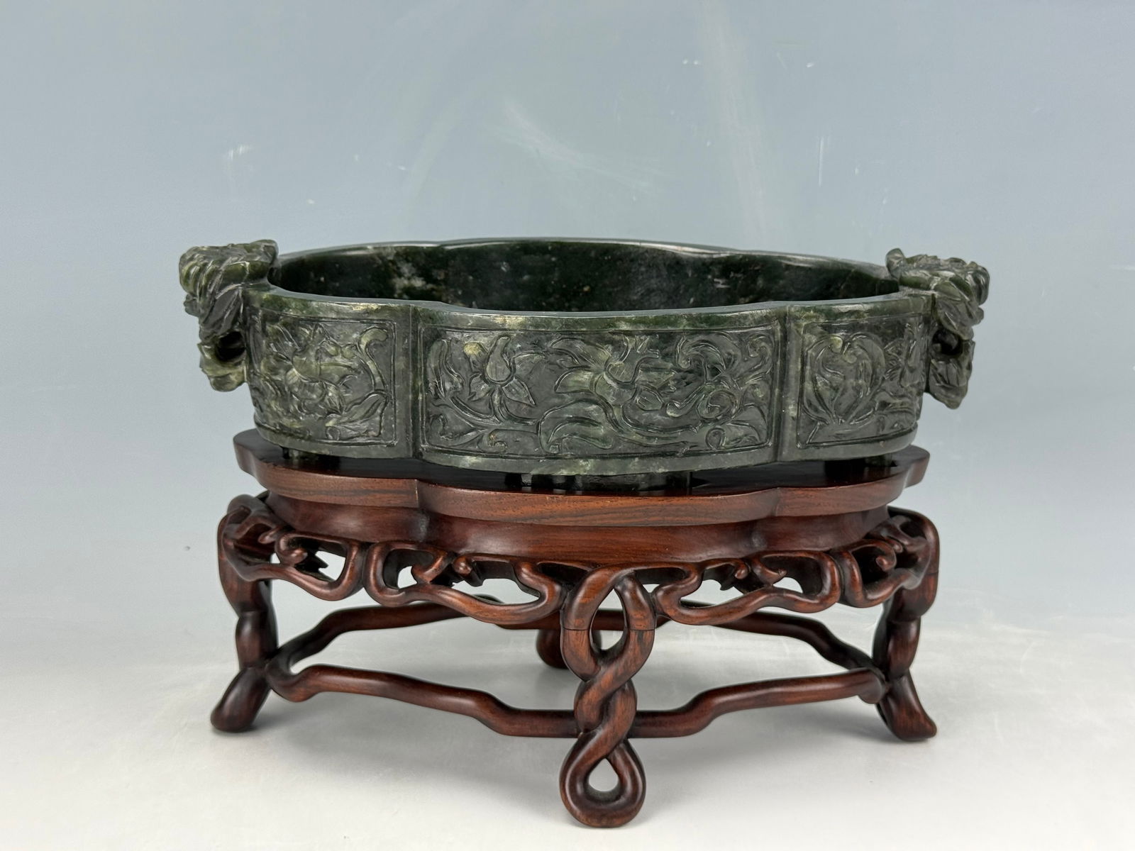 A Chinese Spinach Green Jade Marriage Bowl with Wood Stand (1 of 8)