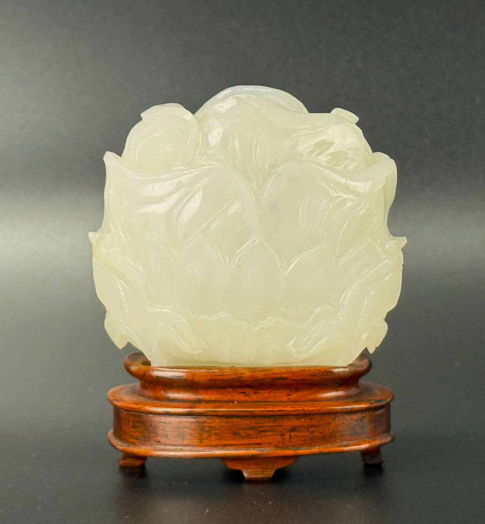 A Hetian White Jade Brush Washer Carved Lotus with Wooden Stand (1 of 6)