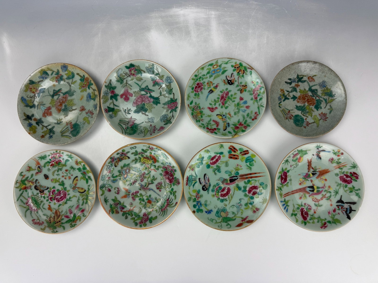 Six Chinese Porcelain Celadon Famille Rose Dishes: Six Chinese Porcelain Celadon Famille Rose Dishes,D 18cm(7 in.) x8. Preview from Oct .21st to 24th from 1:00 PM TO 5:00 PM Eastern Time, Location: 15229 Display Court, Rockville MD 20850.