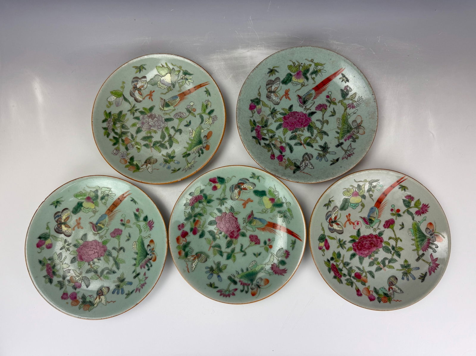 Five Chinese Porcelain Celadon Famille Rose Plates (1 of 9)