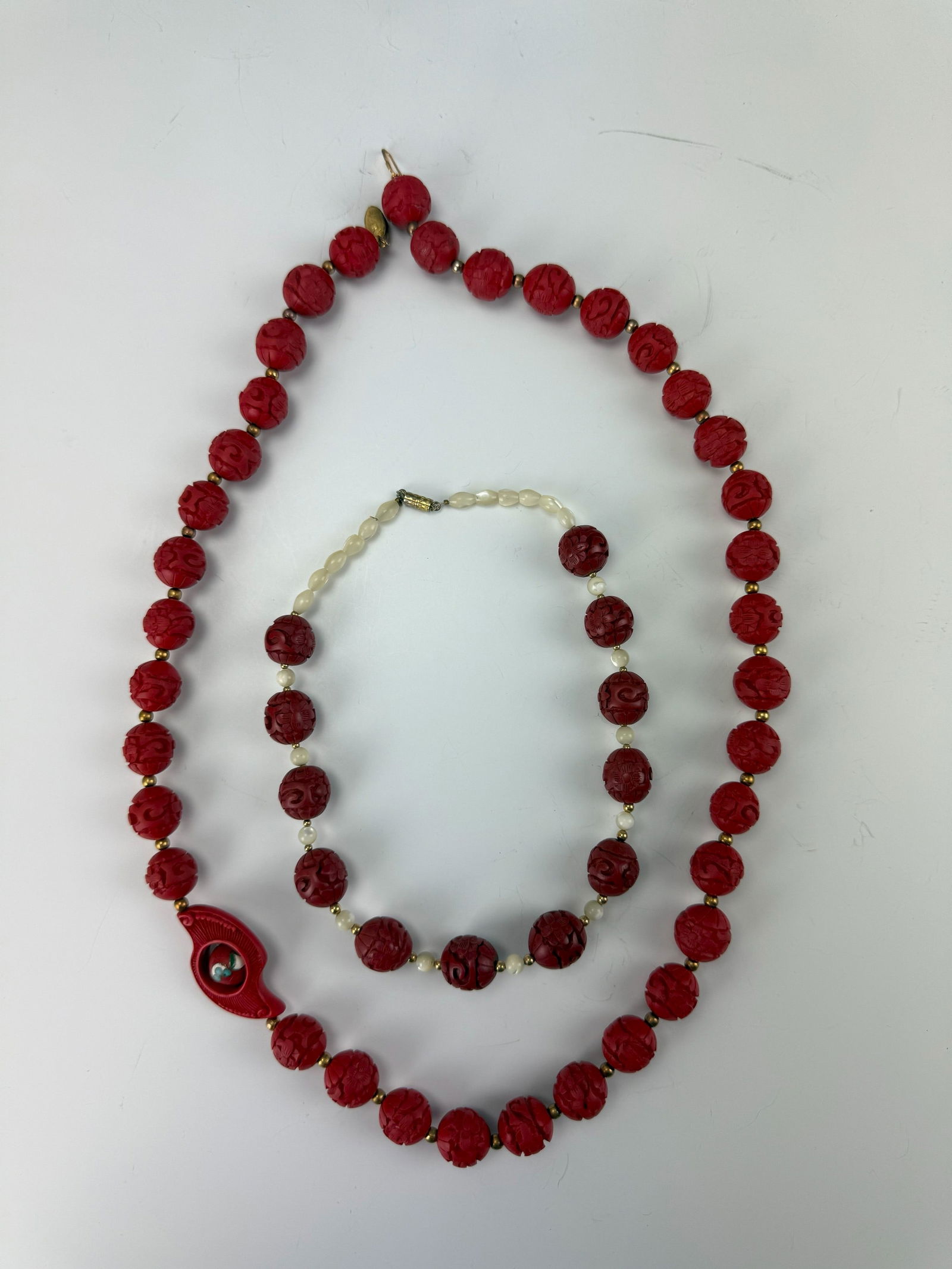 Two Chinese Red Cinnabar Carved Bead Necklaces (1 of 4)