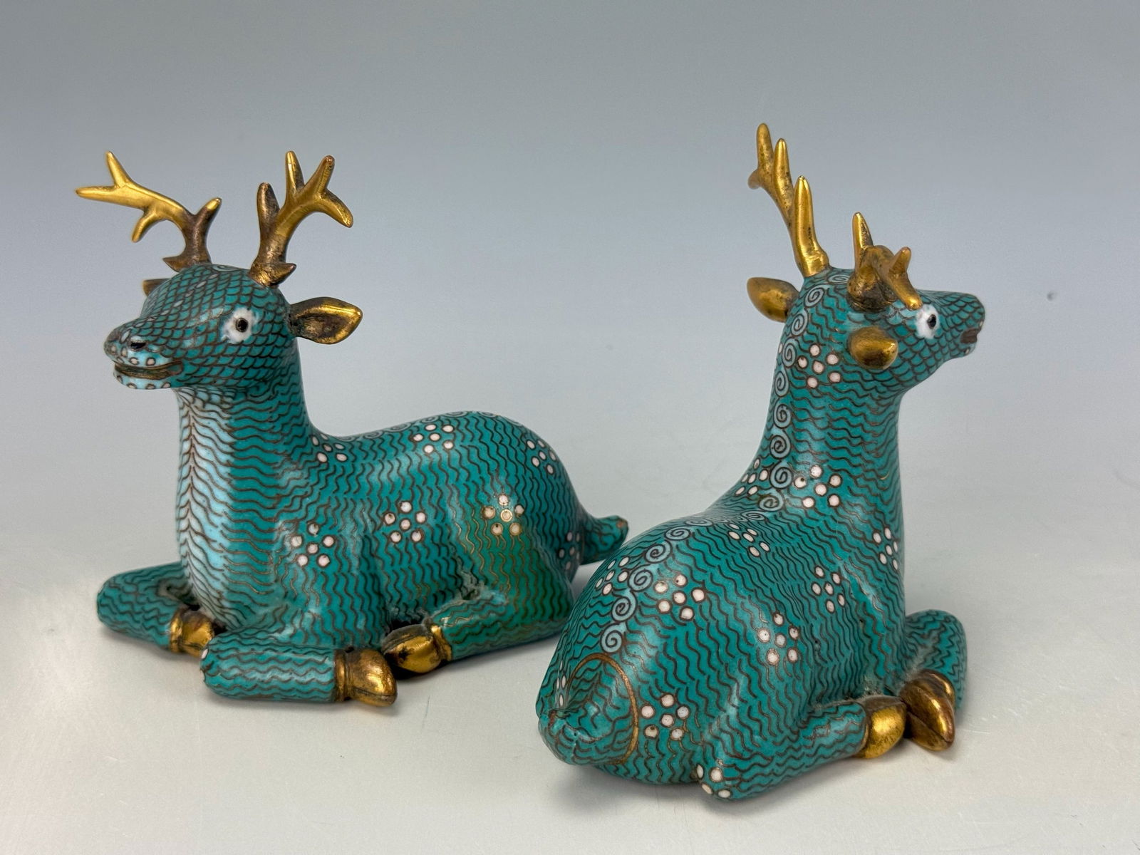 Pair of Cloisonne Dear Statues: Pair of Cloisonne Dear Statues,W 10 cm(4 in.) x2. Preview from Oct .21st to 24th from 1:00 PM TO 5:00 PM Eastern Time, Location: 15229 Display Court, Rockville MD 20850.