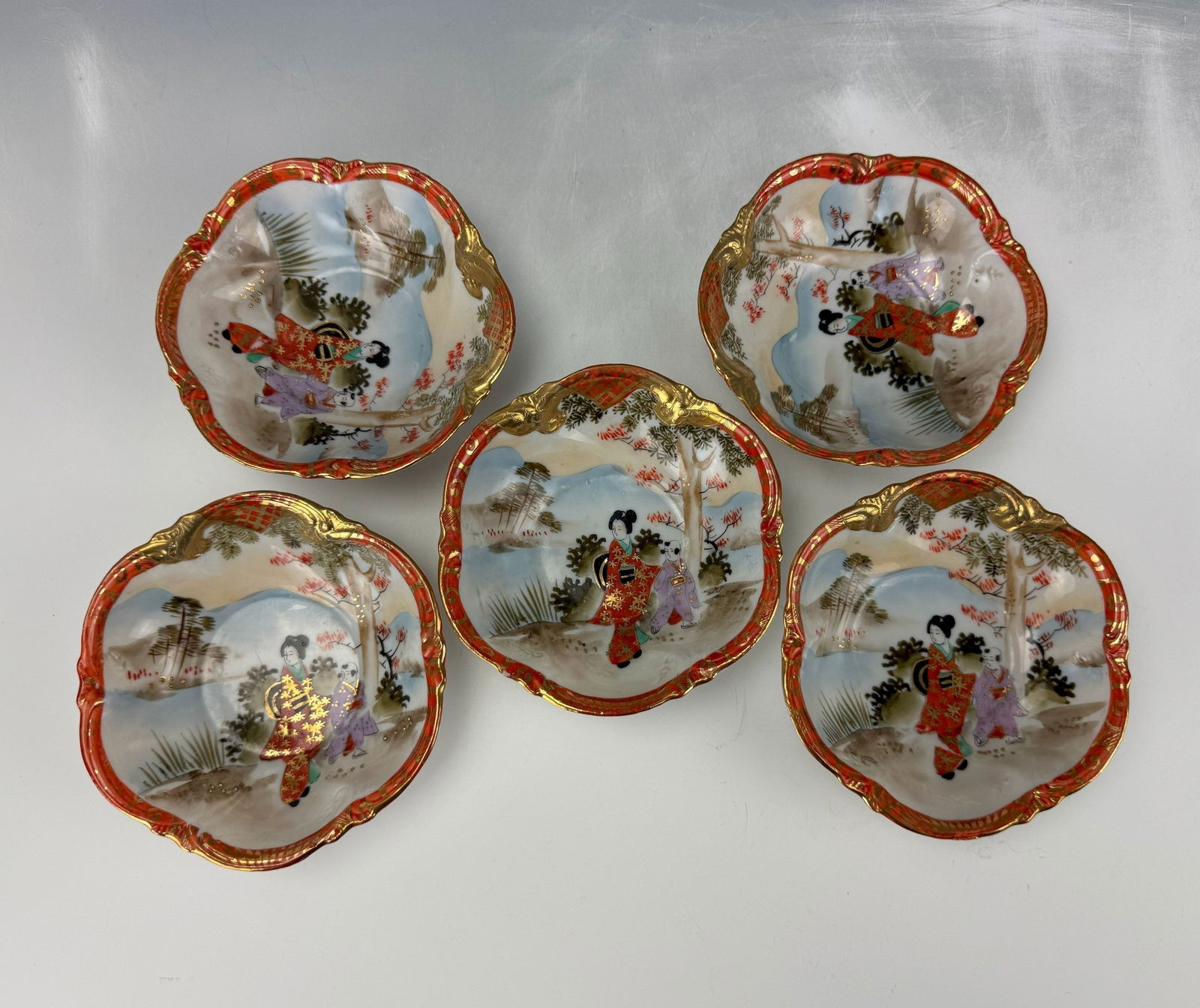 Set of Five Porcelain Satsuma Bowls Marked (1 of 5)