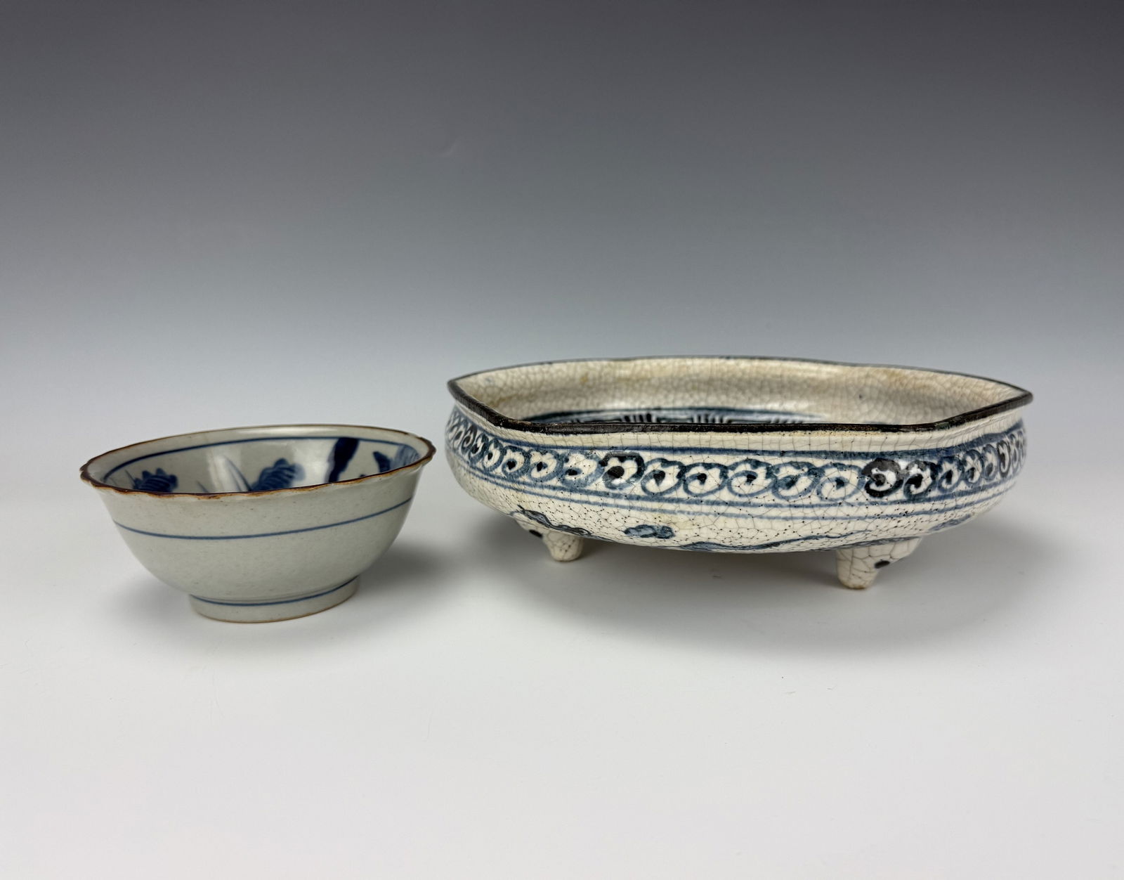 Antique Blue and White Porcelain Bowl and Incense Burner: Japanese Antique Blue and White Glazed Pottery Incense Burner,D 25 cm (10 in.)x H 7.5cm (3 in.) ,and Porcelain Bowl with Qingshanyao Mark,D 12 cm (4.7 in.)x H 5.7 cm (2.3 in.),there is one hairline on
