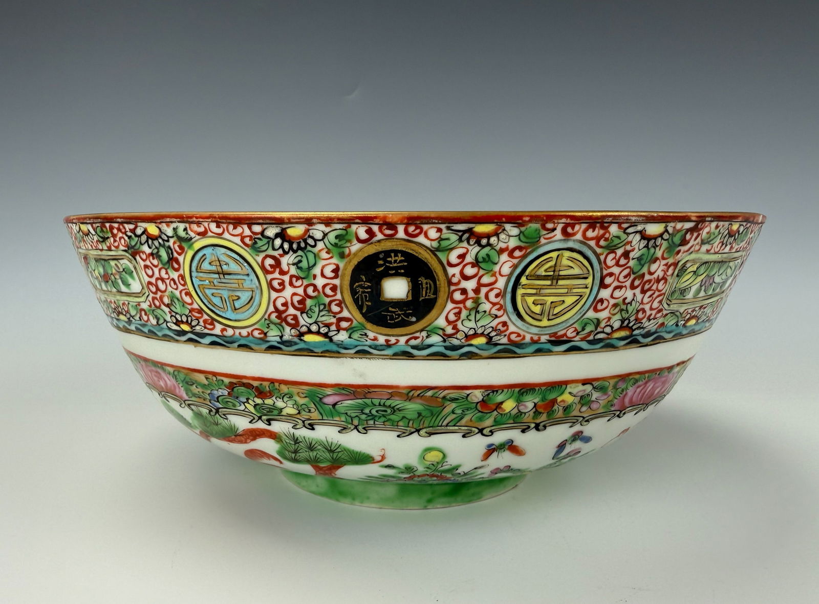 Vintage Chinese Porcelain Rose Medallion Bowl: Late 19th Century Porcelain Rose Medallion Bowl,D 26 cm(10.2 in.) x H 10 cm(4 in.).Preview from Dec.15th to 19th from 1:00 PM TO 5:00 PM Eastern Time, Location: 15229 Display Court, Rockville, MD 2085
