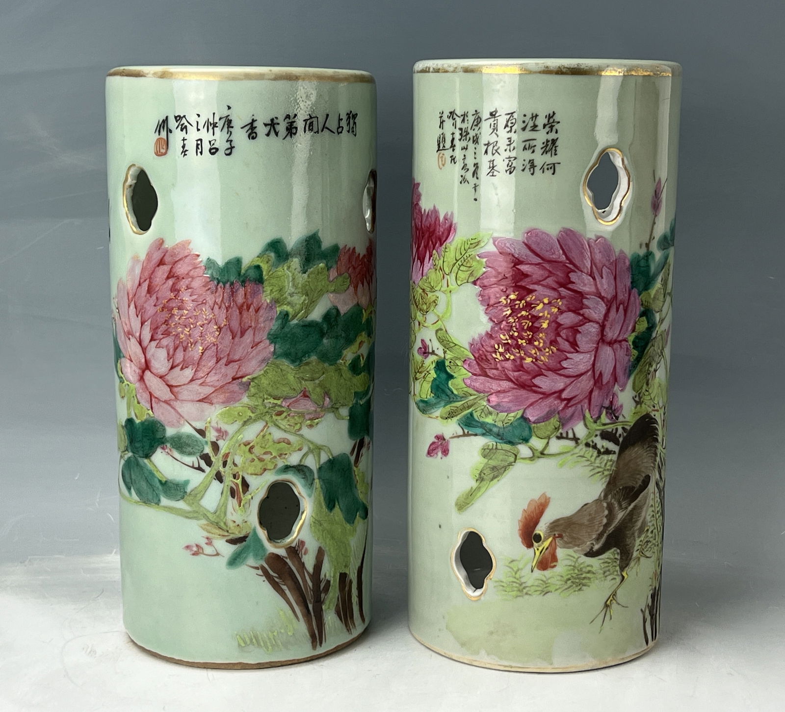 Pair of Chinese YuChun Qianjiangcai Porcelain Hat Stands: Pair of Chinese YuChun Qianjiangcai Porcelain Hat Stands, one is in good condition,the other one has a hairline on the body,H 28 cm(11 in.) x2.Preview from Dec.15th to 19th from 1:00 PM TO 5:00 PM Eas
