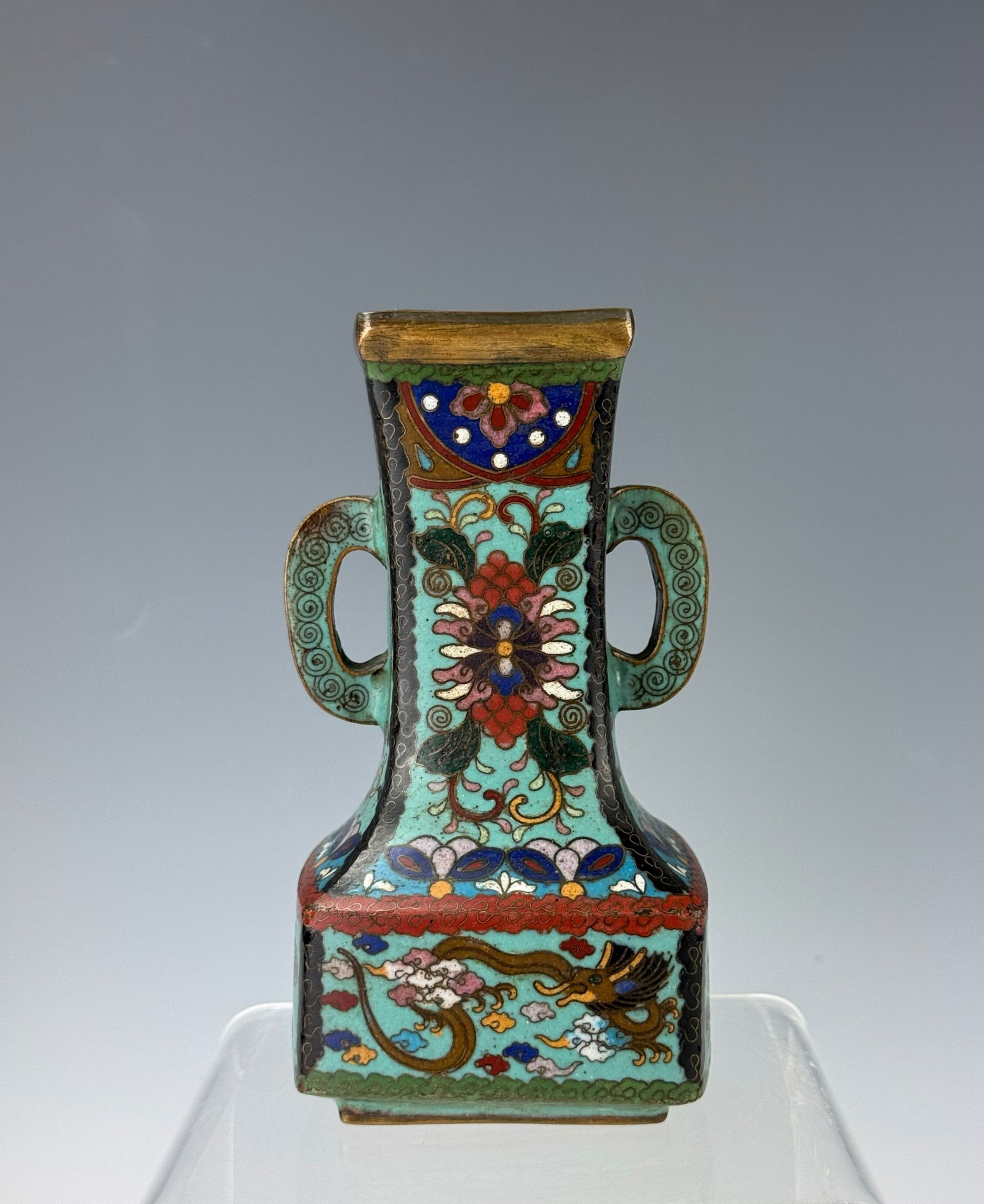 Cloissone Square Vase with Double Ears with Fu Mark: Cloissone Square Vase with Double Ears Marked with a Fu Mark, H 15 cm(6.2 in.).Preview from Dec.15th to 19th from 1:00 PM TO 5:00 PM Eastern Time, Location: 15229 Display Court, Rockville, MD 20850.