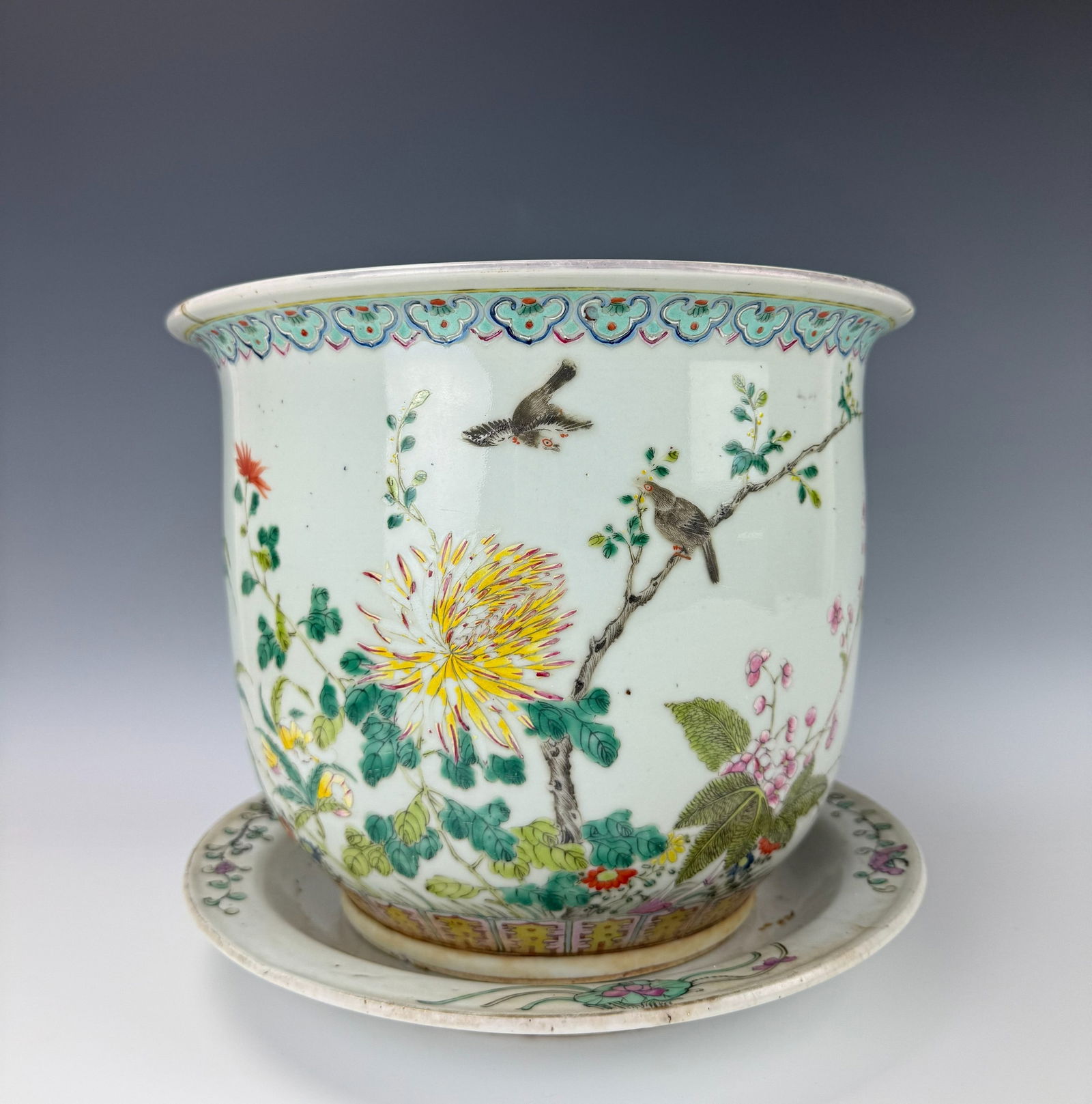 Chinese Famille Rose Planter Painted Peony and Tree Branches: Famille Rose Planter Painted with Peony and Tree Branches, H 22 cm(8.5 in.) x W 28 cm(11 in.).Preview from Dec.15th to 19th from 1:00 PM TO 5:00 PM Eastern Time, Location: 15229 Display Court, Rockvil