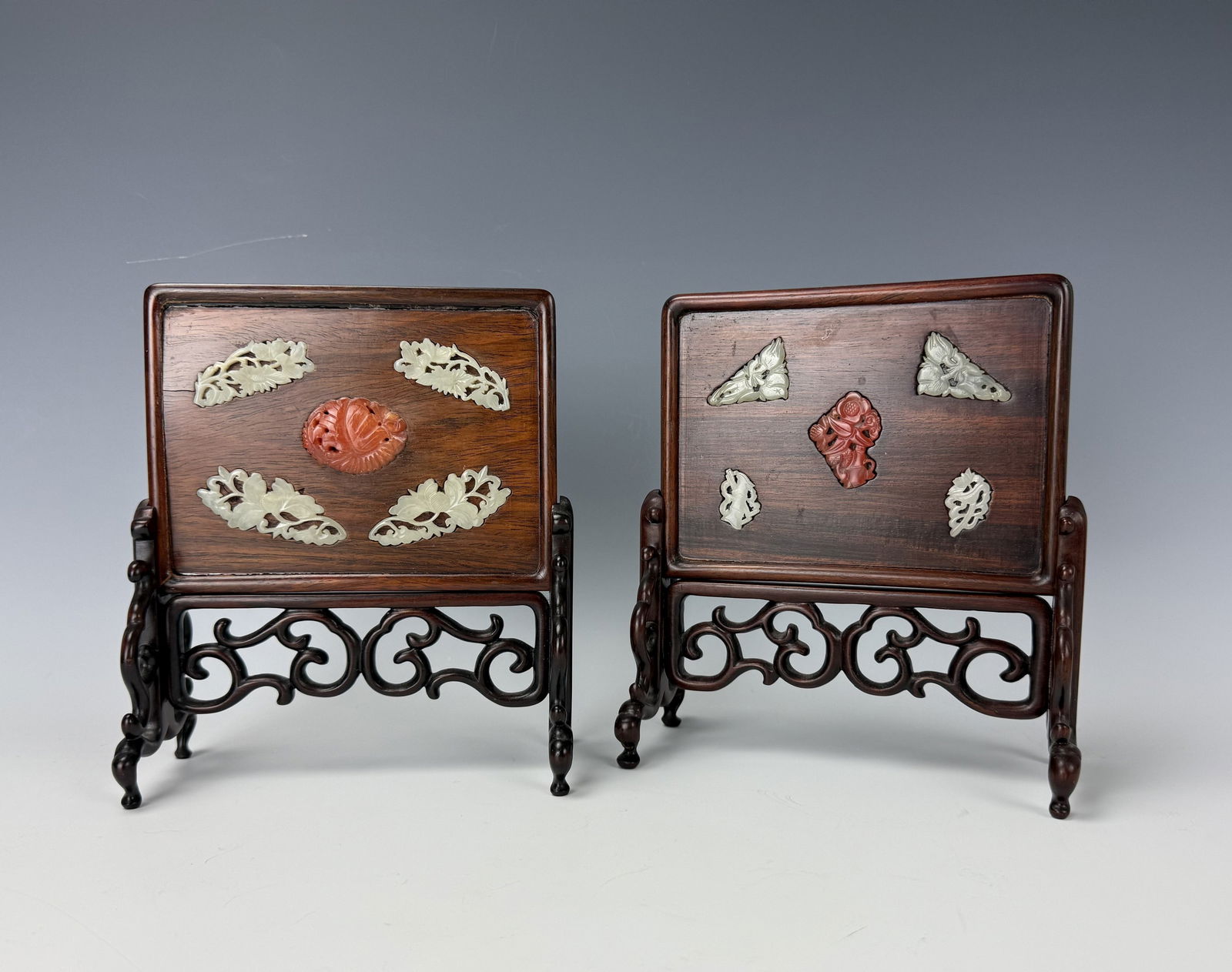Pair of  Chinese Hardwood Table Screens with White Jade Inlays (1 of 5)