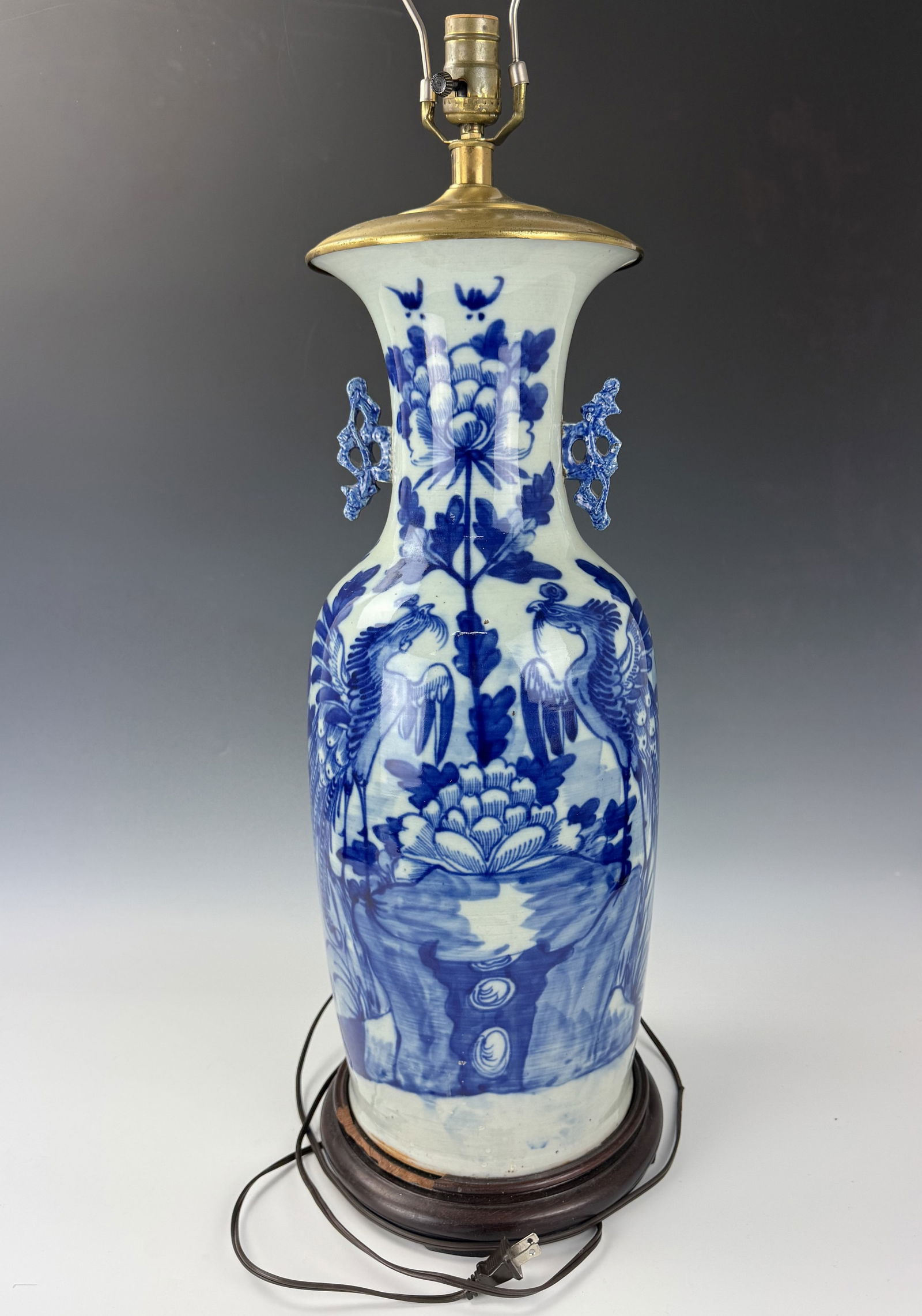 A Large Antique Chinese Blue and White Porcelain Vase Lamp (1 of 9)