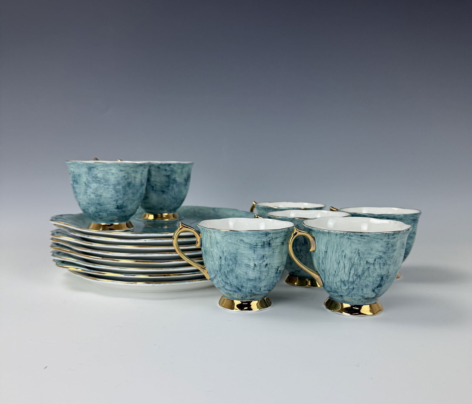 Seven Sneck Set Royal Albert England Bone China Gossamer Plate and Cup: Royal Albert England Bone China Gossamer BLUE Luncheon Plate & Cup Snack set,Total 15 pieces,8 plates D 22 cm(8.5 in.),7 cups D 8.5 cm(3.3 in.).Preview from Dec.15th to 19th from 1:00 PM TO 5:00 PM Ea