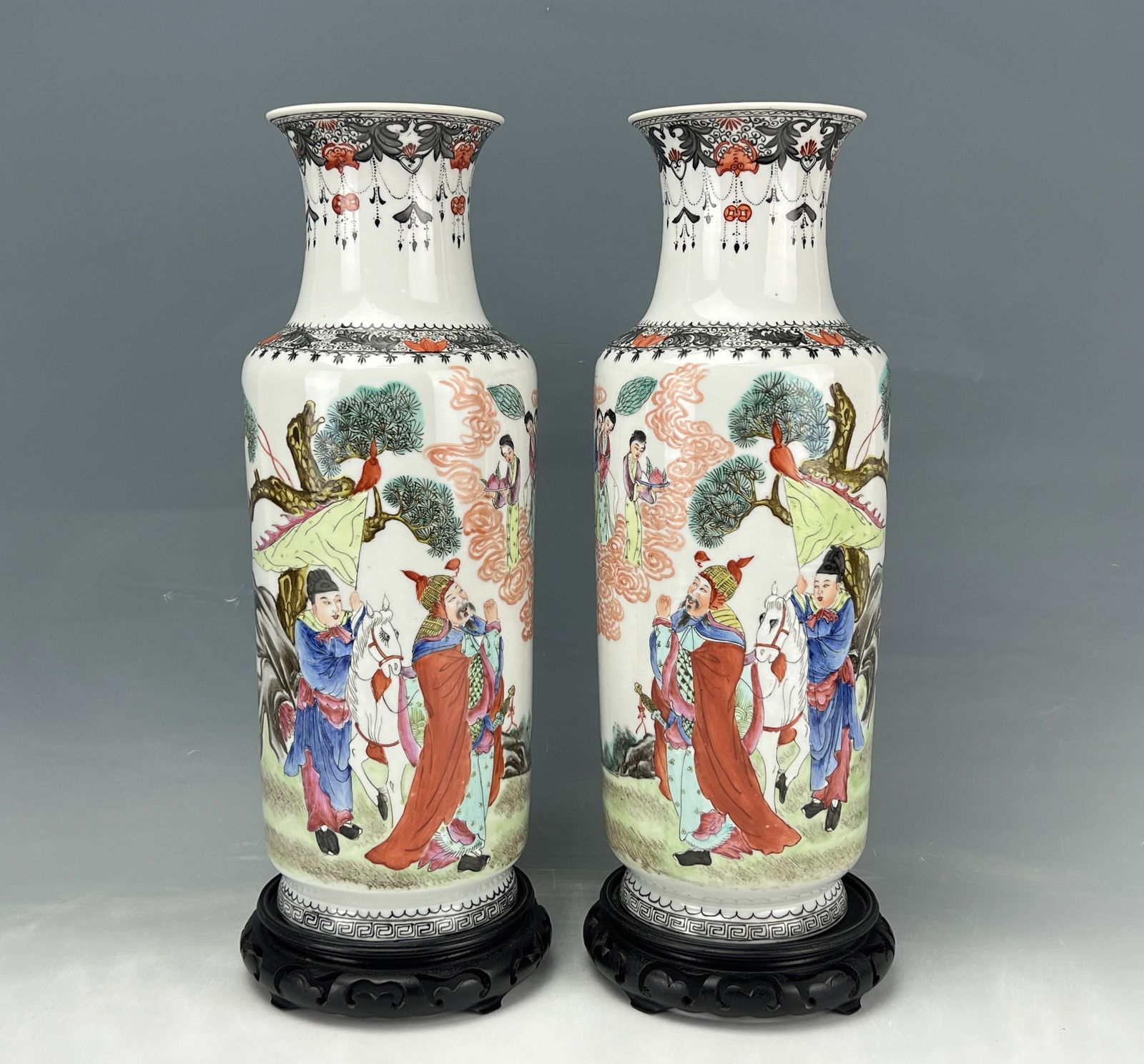 Pair of Chinese Famille Rose Porcelain Vases with Wood Stands (1 of 11)