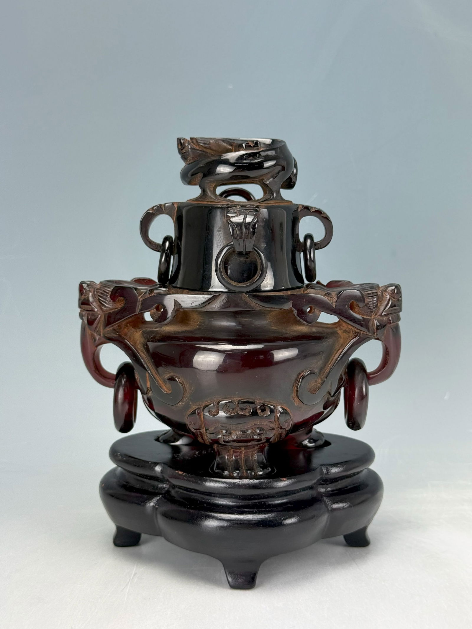 A Vintage Faux Amber Censer Carved Dragon with Wood Base (1 of 4)