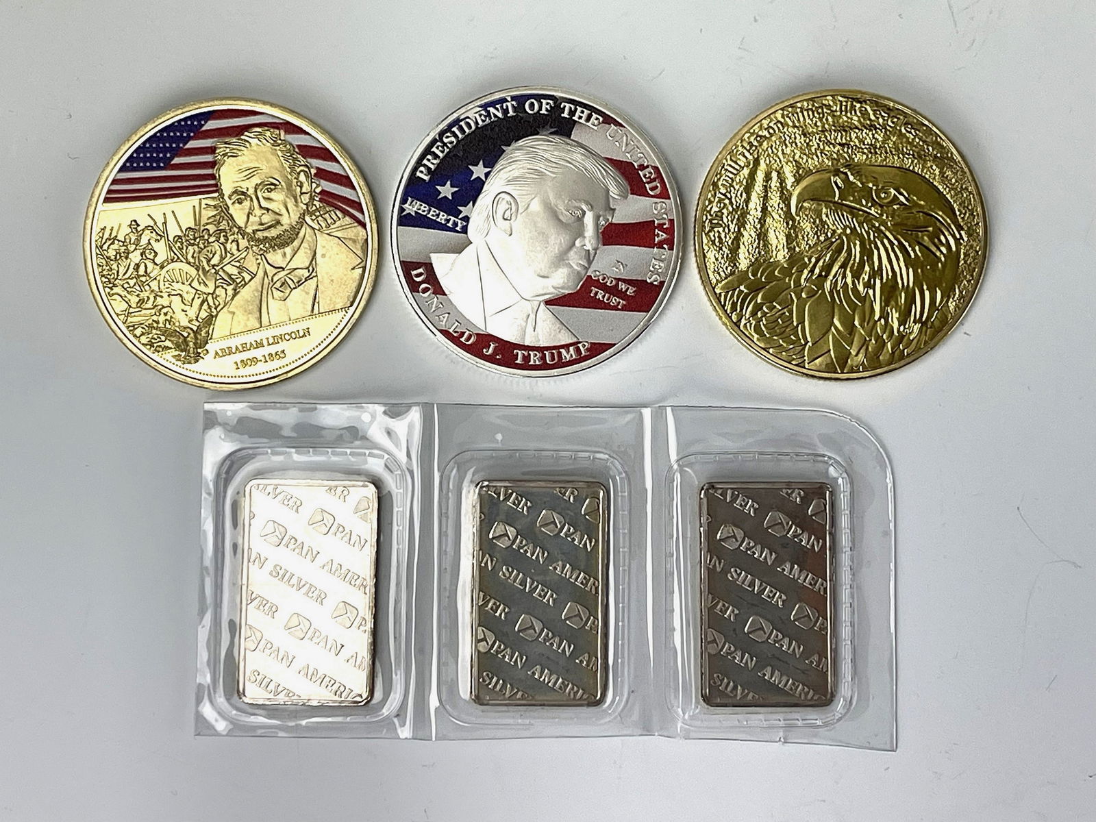 Three Silver 5 Grams Bar and Three Coins: 1,Three PAN AMERICAN SILVER CORP 5 GRAMs 999 FINE SILVER BAR;2, ABRAHAM LINCOLN MAKE AMERICA GREAT AGAIN COIN:3,President Donald Trump Make America Great Again Silver Coin; 4,A Challenge Coin-Eagle.Pr