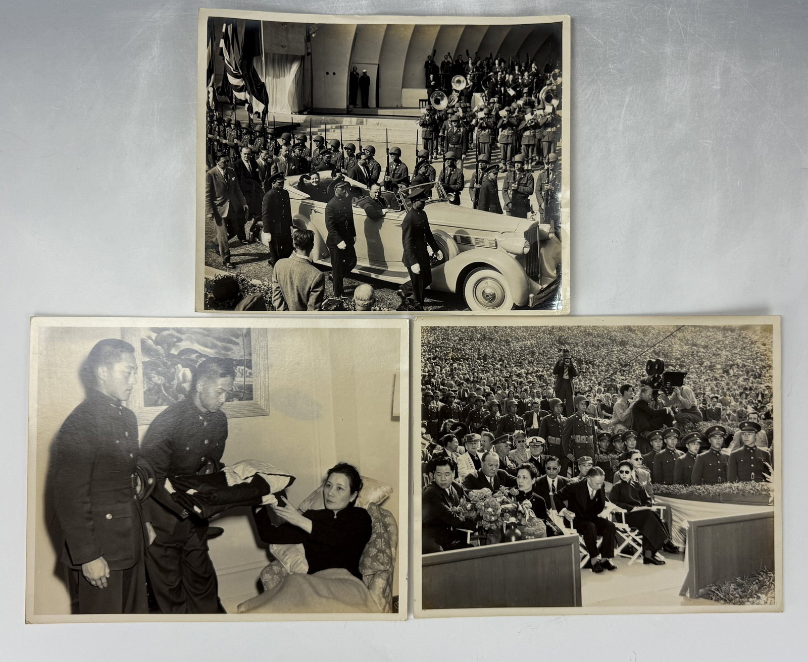 3 Photos 1943 Madame Chiang Kai Shek at The Hollywood Bowl: 1, Madame Chiang Kai Shek at The Hollywood Bowl;2, Madame Chiang met with Air Force cadets representatives Ma Yu and Dong Shiliang. Dimensions: 10 x 8 in.x 3.Preview from Dec.15th to 19th from 1:00 PM
