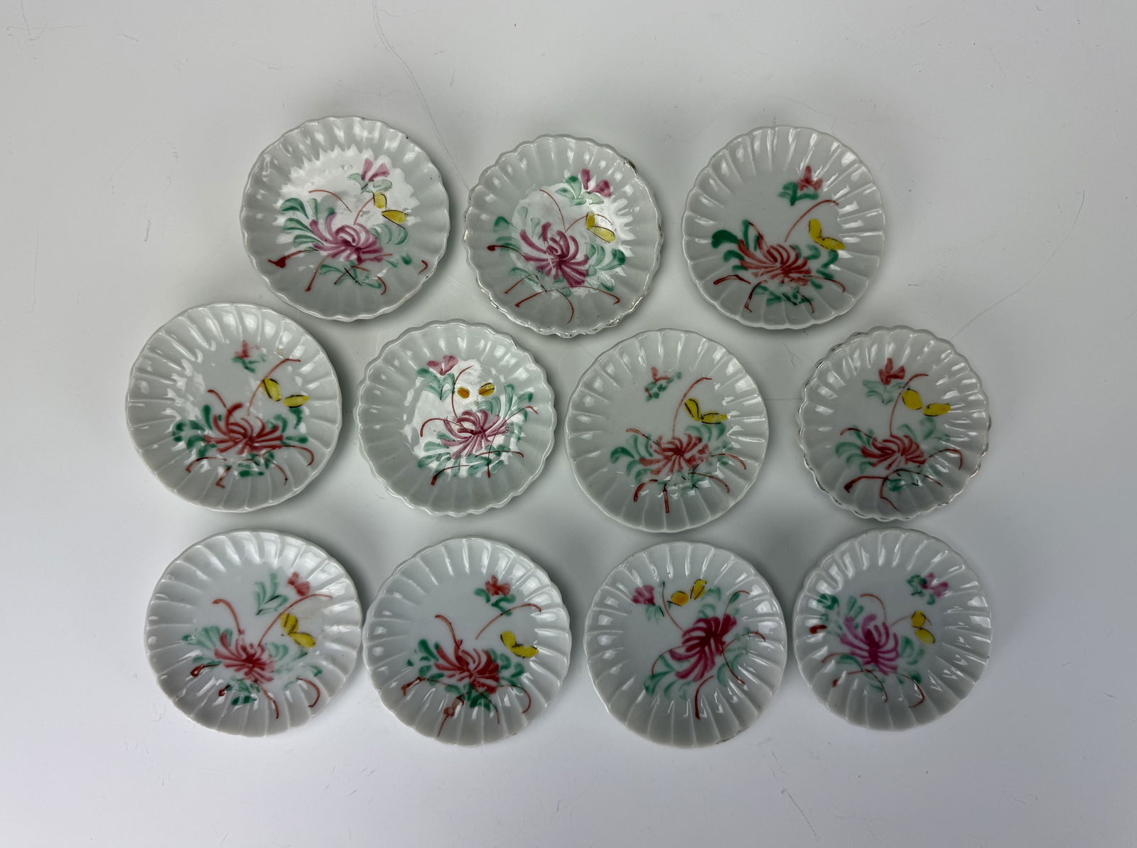 Group of 11 Chinese Vintage Small Chrysanthemum Porcelain Saucers (1 of 4)