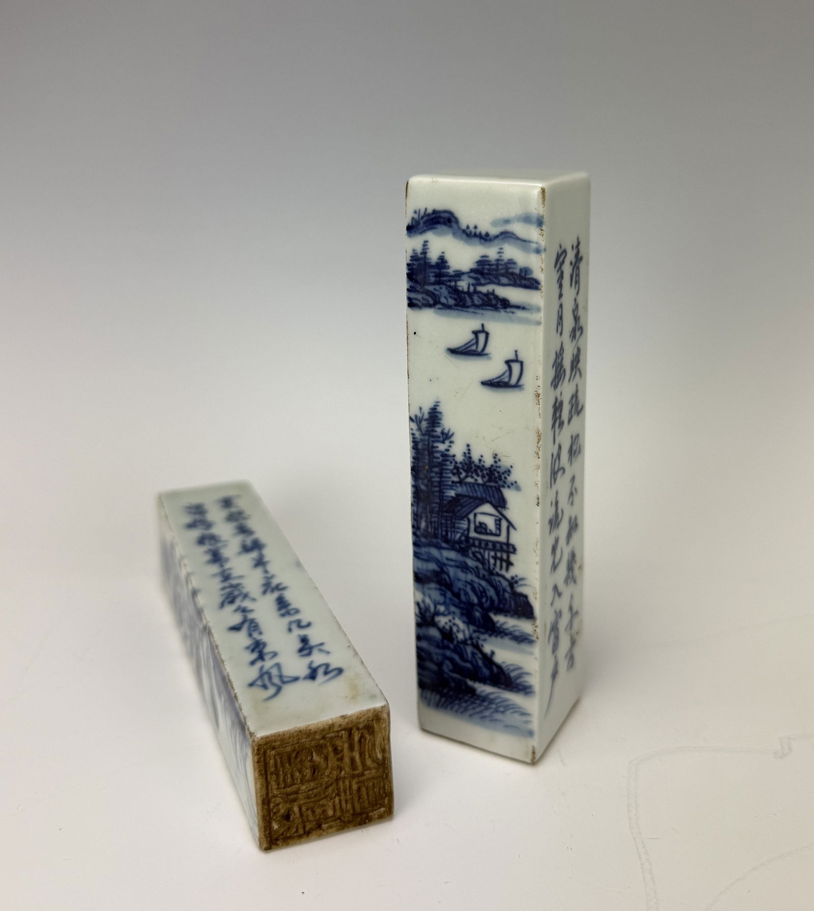 Two Chinese Blue and White Porcelain Seals: Two Chinese Blue and White Porcelain Seals,size 12 x 3 x3 cm x2.Preview from Feb 23rd to 27th from 1:00 PM TO 5:00 PM Eastern Time, Location: 15229 Display Court, Rockville, MD 20850.