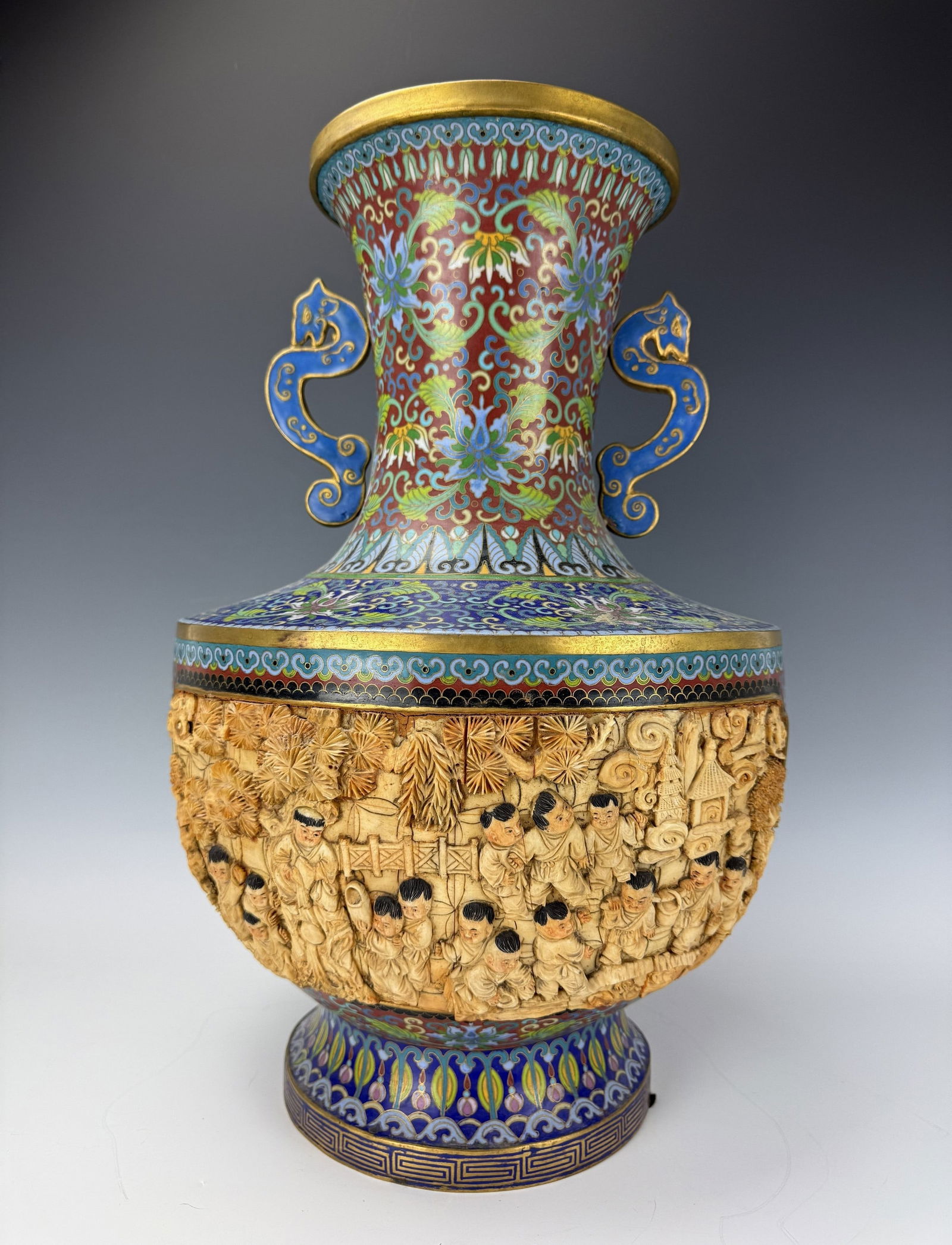 A Large Chinese Cloisonne Vase with Double Dragon Handles (1 of 9)