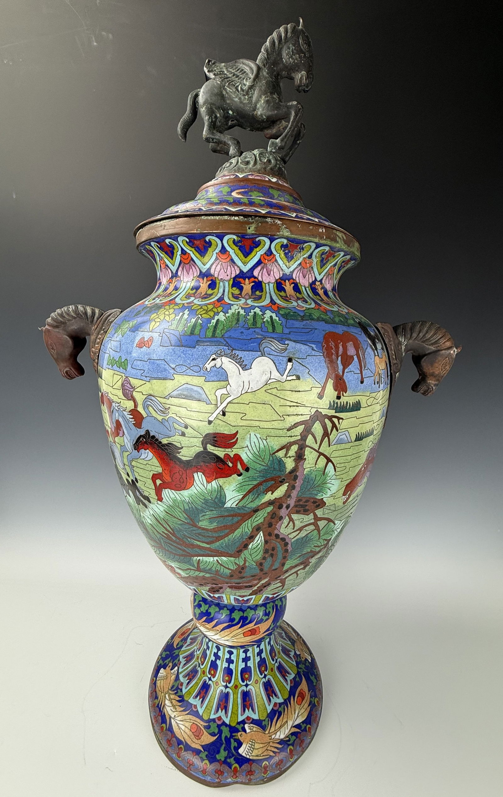 A Large Chinese Cloisonne Vase with Double Horse Handles Lidded (1 of 10)