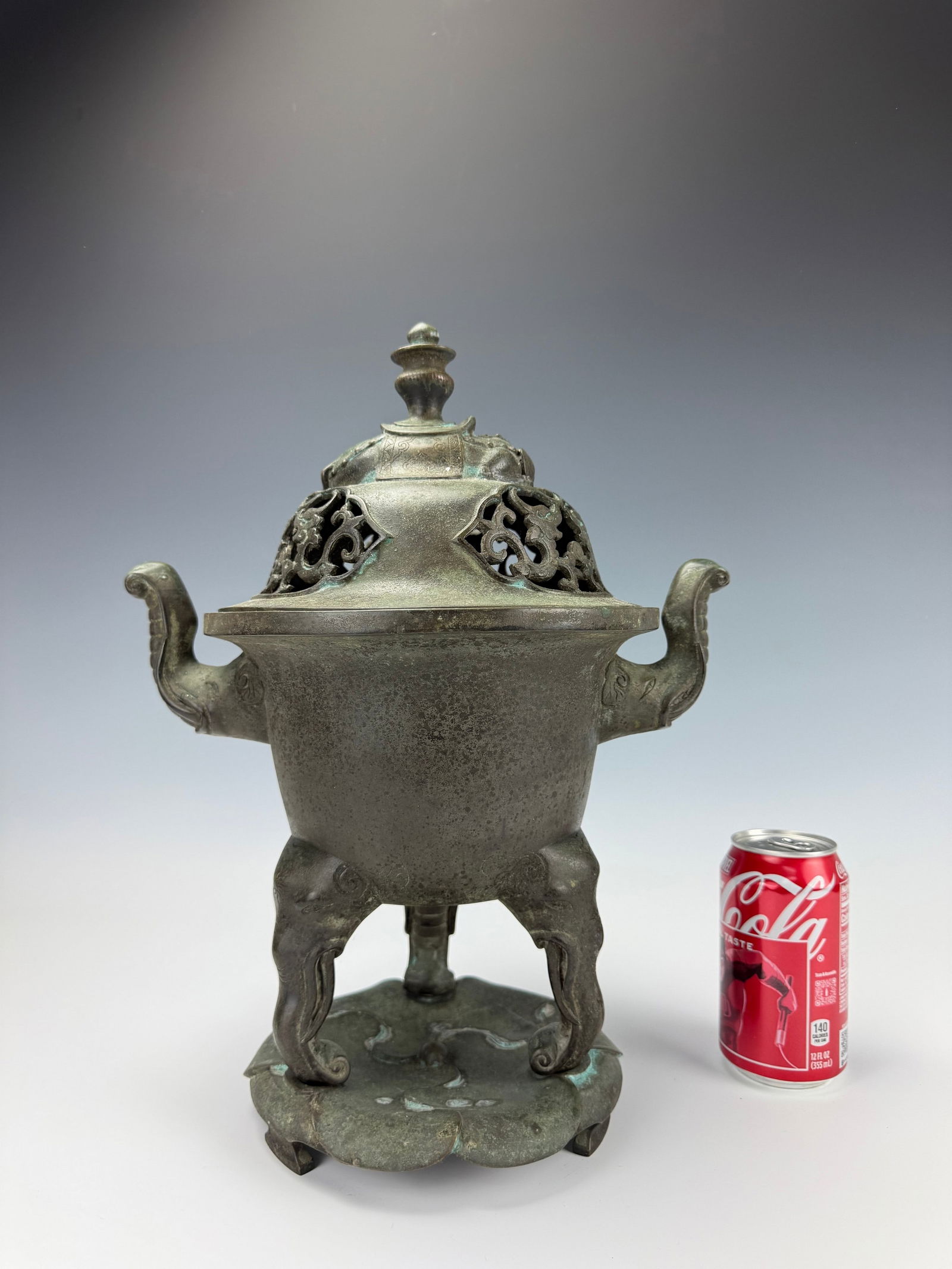 A Large Tripod Bronze Censer with Pierced Cover and Original Stand (1 of 8)