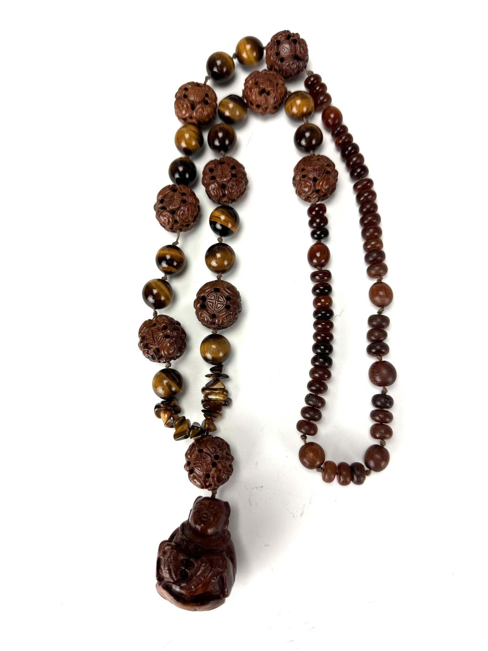 A Chinese Tiger Eye and Horn Bead Carved Nuts Strand Necklace (1 of 5)