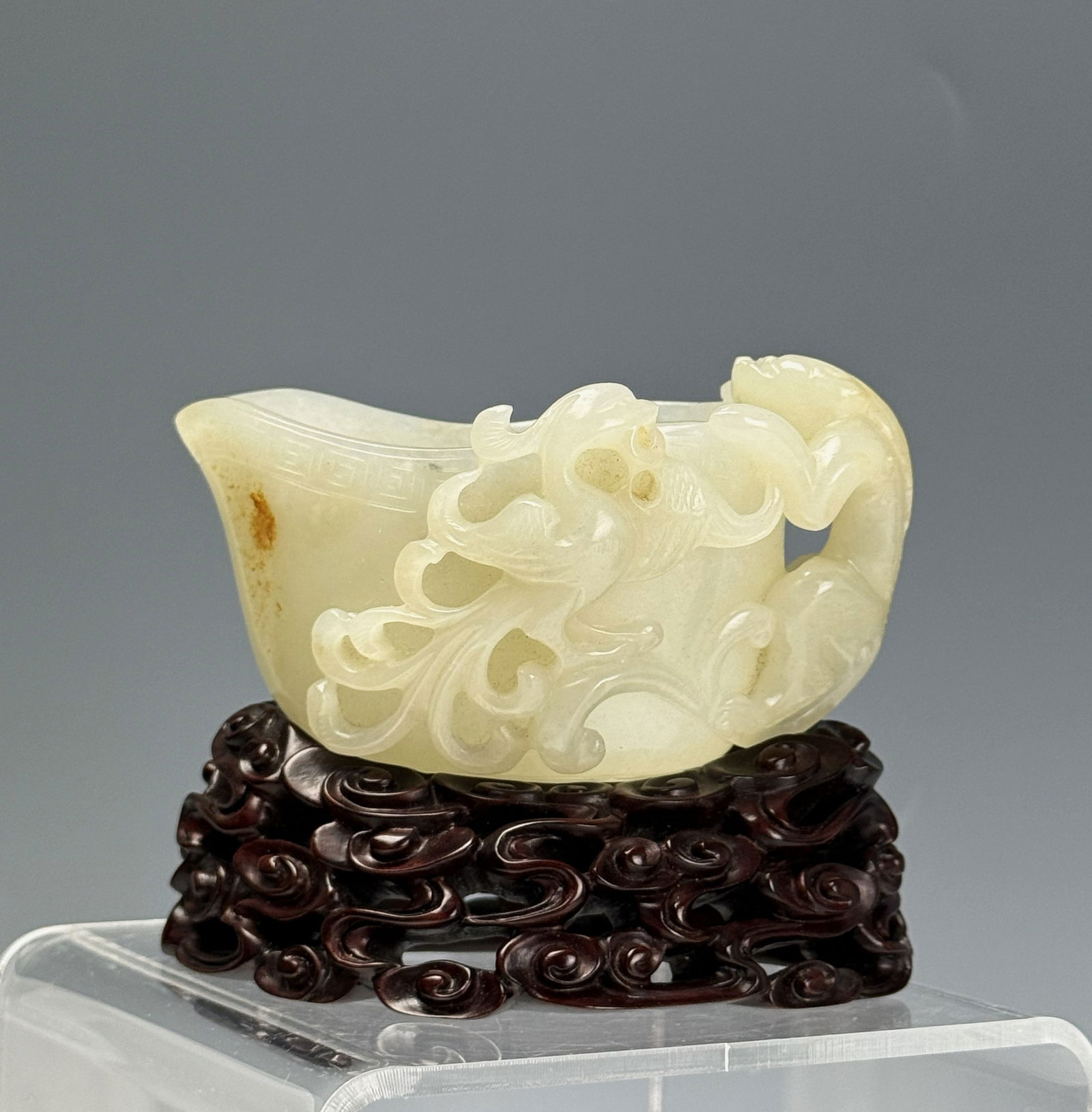 Qing Dynasty White Jade Yi Cup Carved with Dragon and Phoenix (1 of 6)