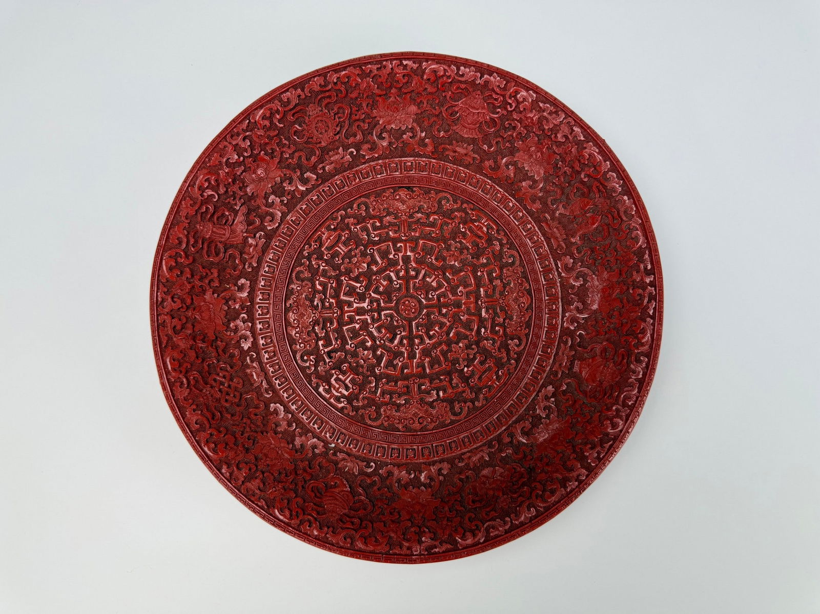 Chinese Red Cinnabar Carved Plate with 8 Symbols of Buddhism (1 of 5)