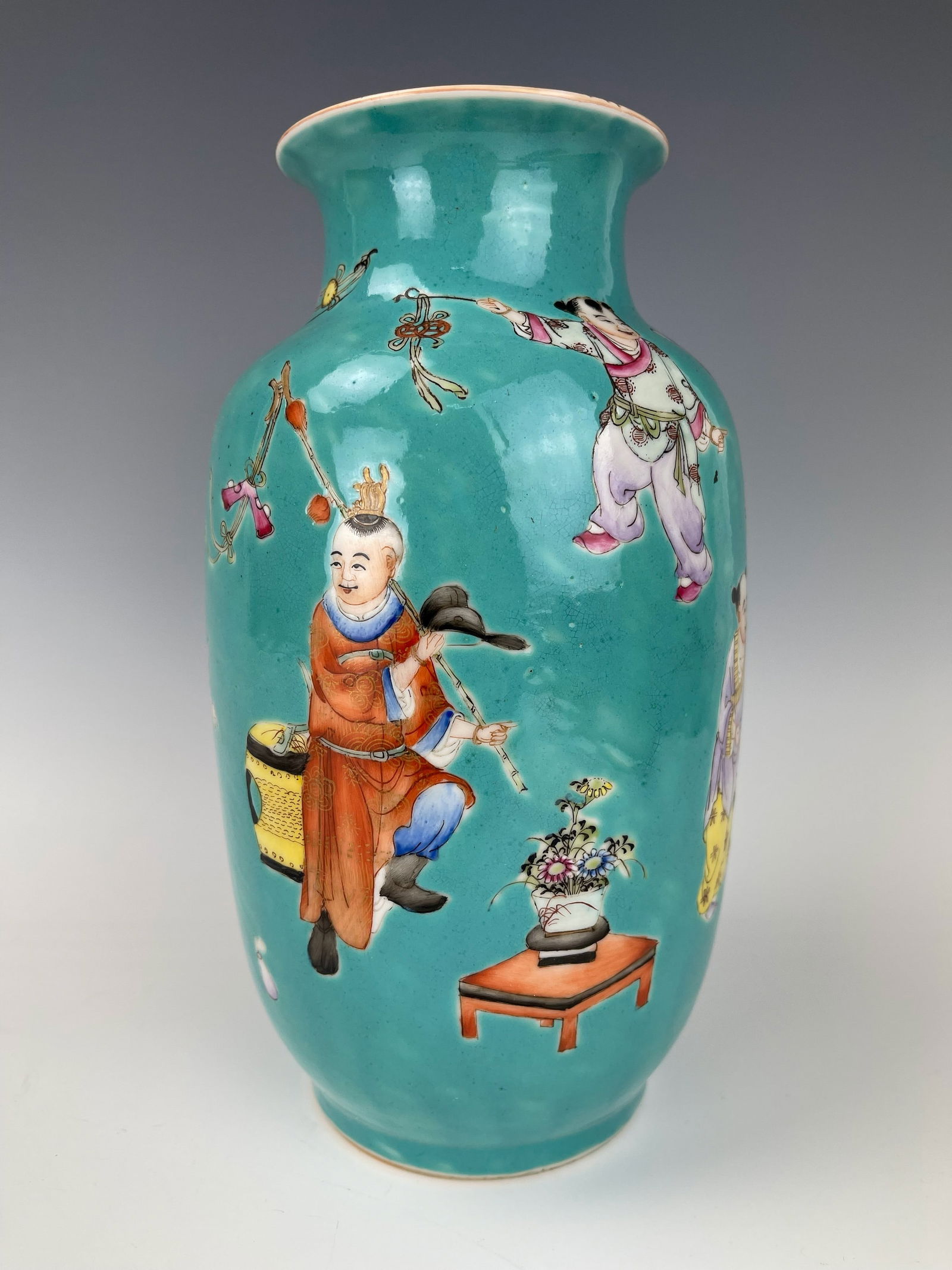A Chinese Famille Rose Turquoise Ground Boys Vase Jiaqing Mark (1 of 6)