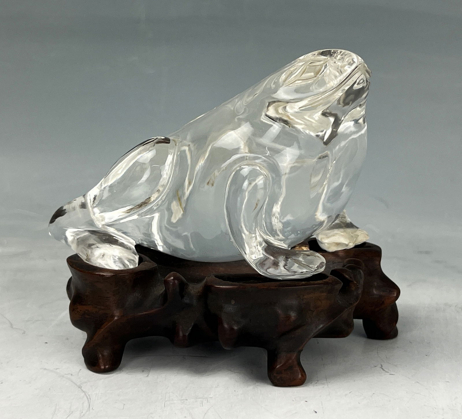 Chinese Rock Crystal Carved Toad with Wood Stand (1 of 6)