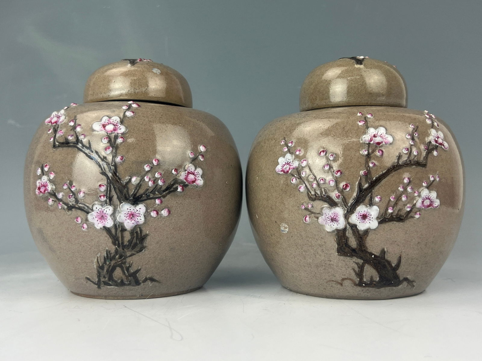 A Pair of Chinese Porcelain Jars Painted in Famille Rose Plum Blossoms (1 of 6)