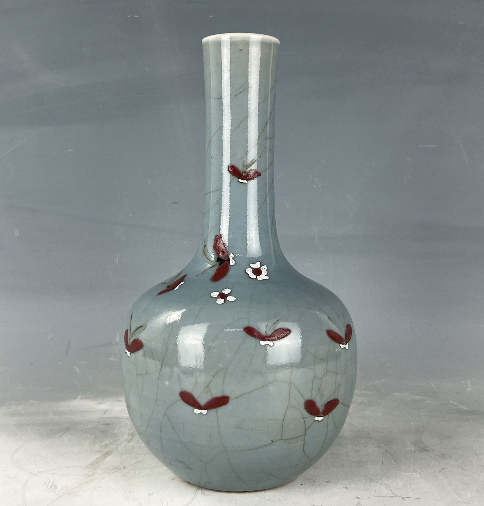 Chinese Globular Vase with Famille Verte Painting of Butterflies on Powder Blue Crackle Ground, (1 of 7)