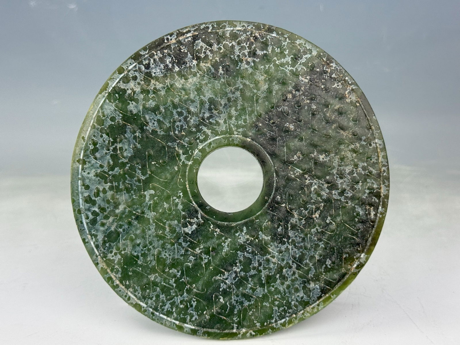 Chinese spinach jade carved BI disc carved with grain pattern in a customized box,D 15 cm(6 (1 of 5)