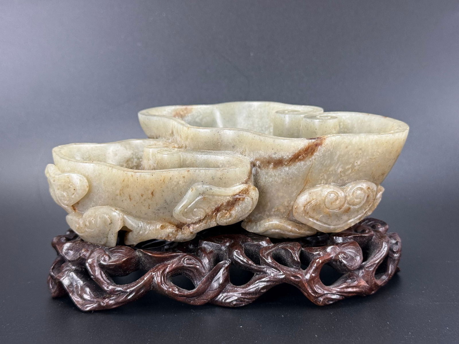 A Chinese celadon jade brush washer on wooden stand,W 16 cm(6.5 in.) x D 11 cm(4.3 in.) x H 5 cm(2 (1 of 9)